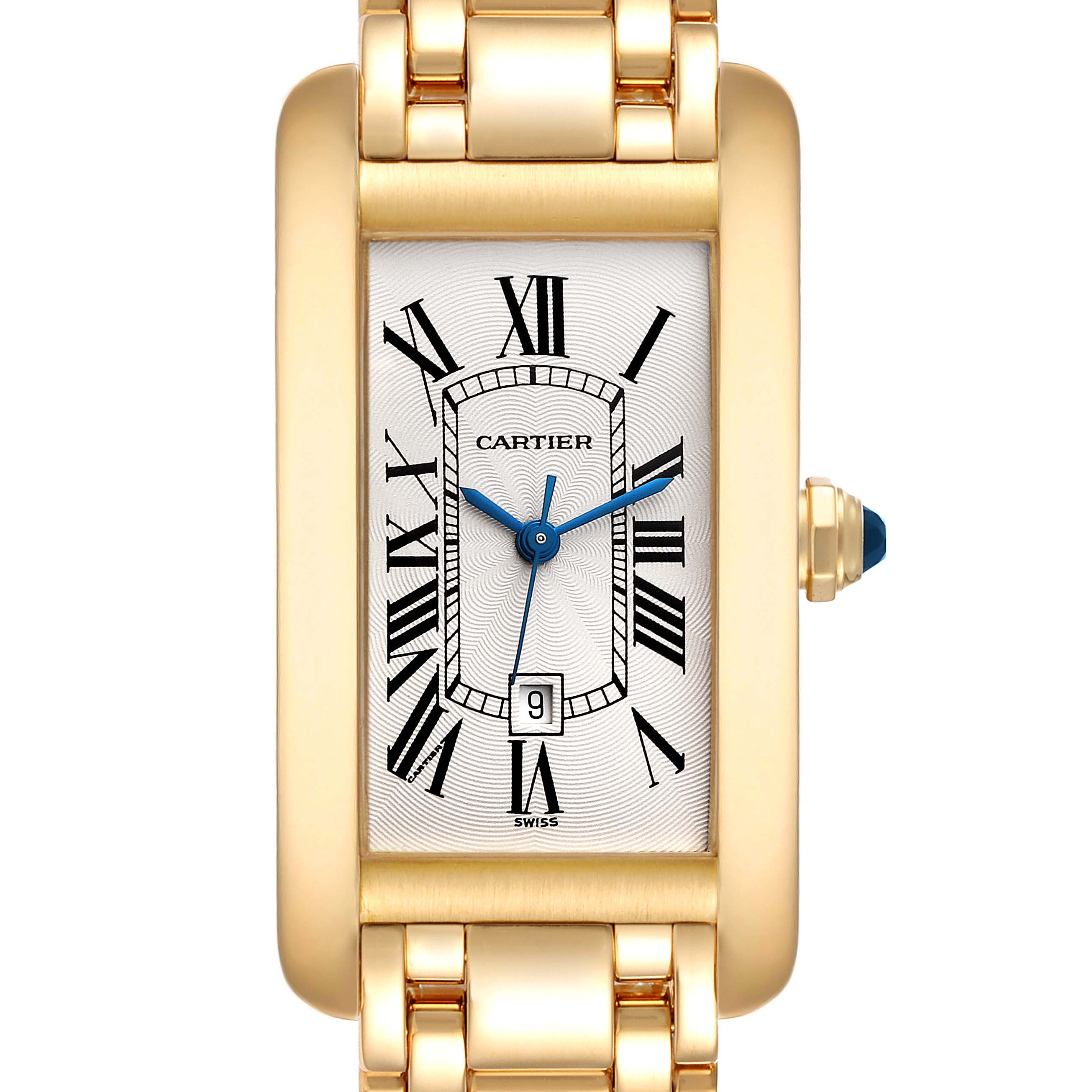 The image shows a frontal view of a Cartier Tank Americaine W26035K2 Women's Yellow Gold Silver Dial W26035K2 Women's Yellow Gold Silver Dial watch, detailing its rectangular face, Roman numerals, and gold bracelet.