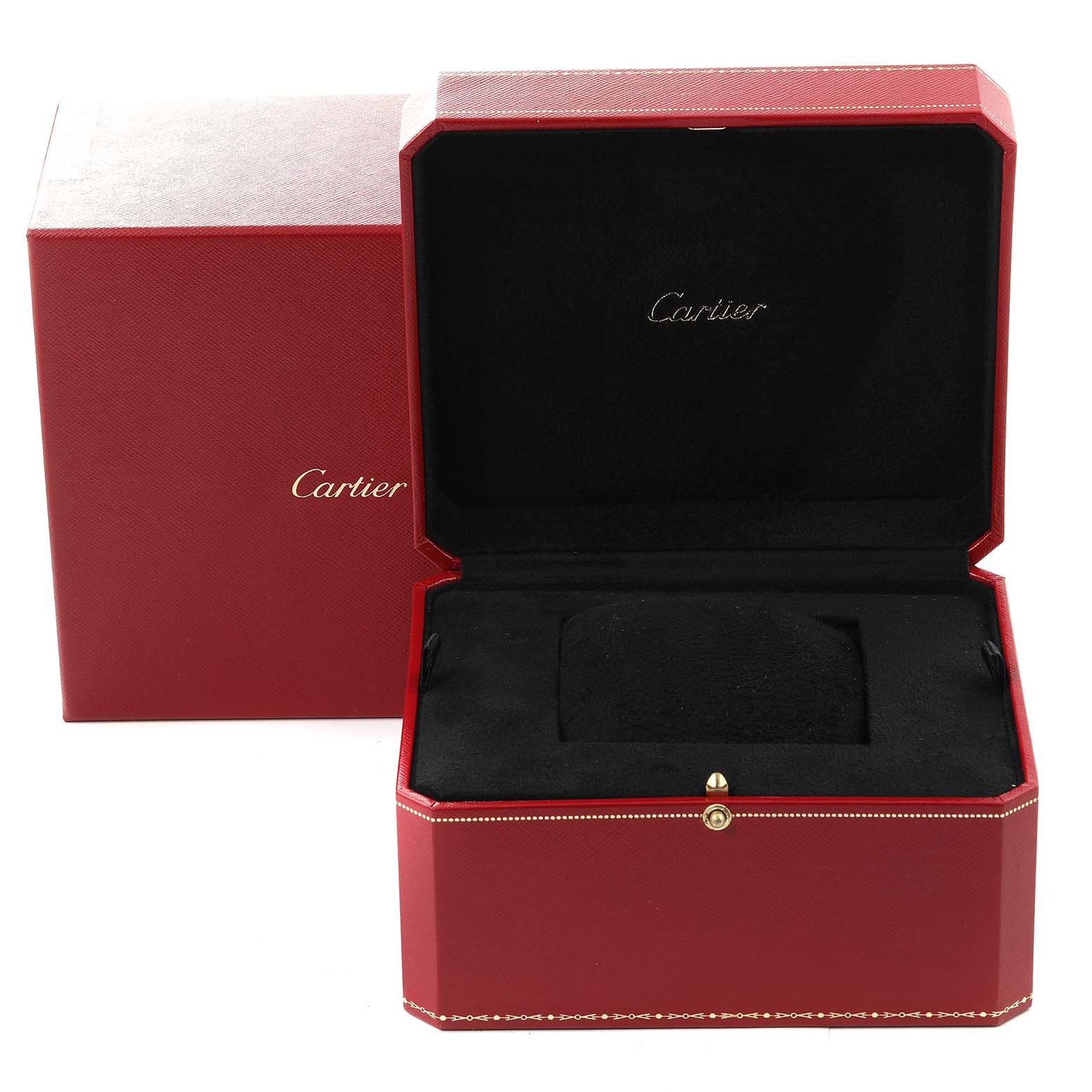 The image shows the open and closed red Cartier watch box for a Tank Americaine model.