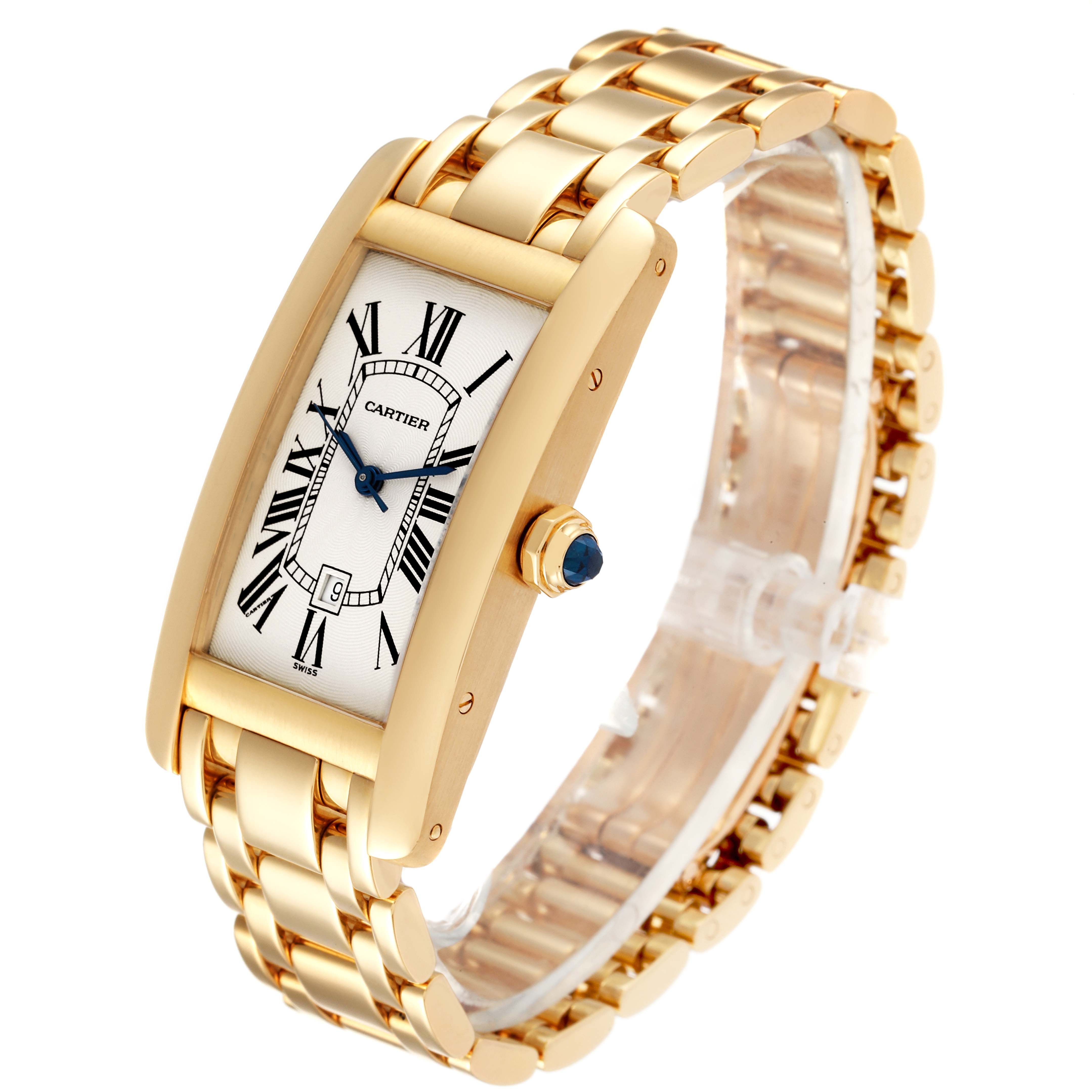 The image shows a Cartier Tank Americaine W26035K2 Women's Yellow Gold Silver Dial W26035K2 Women's Yellow Gold Silver Dial watch from an angled side view, featuring a gold case and bracelet.