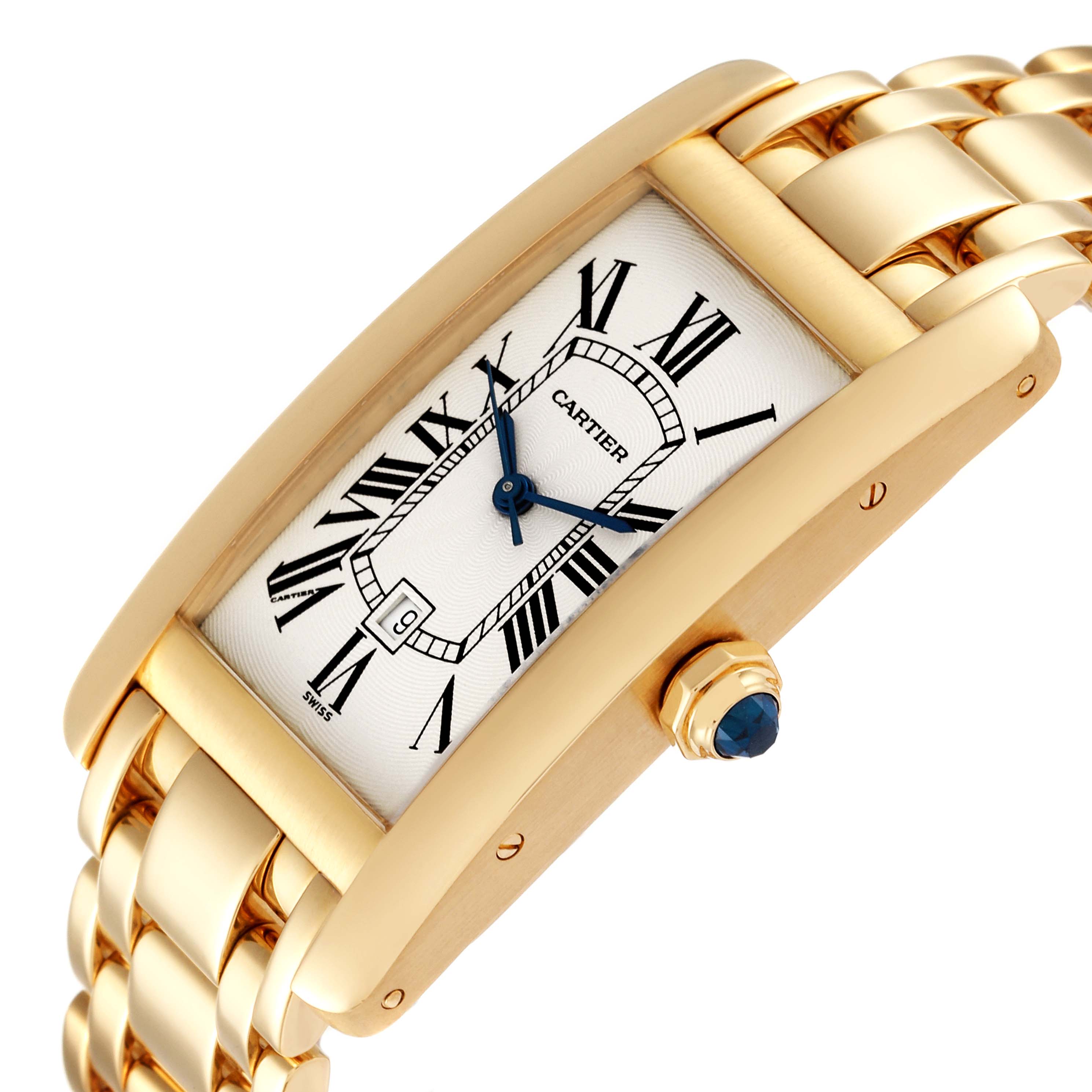 This image shows a Cartier Tank Americaine W26035K2 Women's Yellow Gold Silver Dial W26035K2 Women's Yellow Gold Silver Dial watch at an angle highlighting the gold bracelet, rectangular dial, and blue gemstone crown.