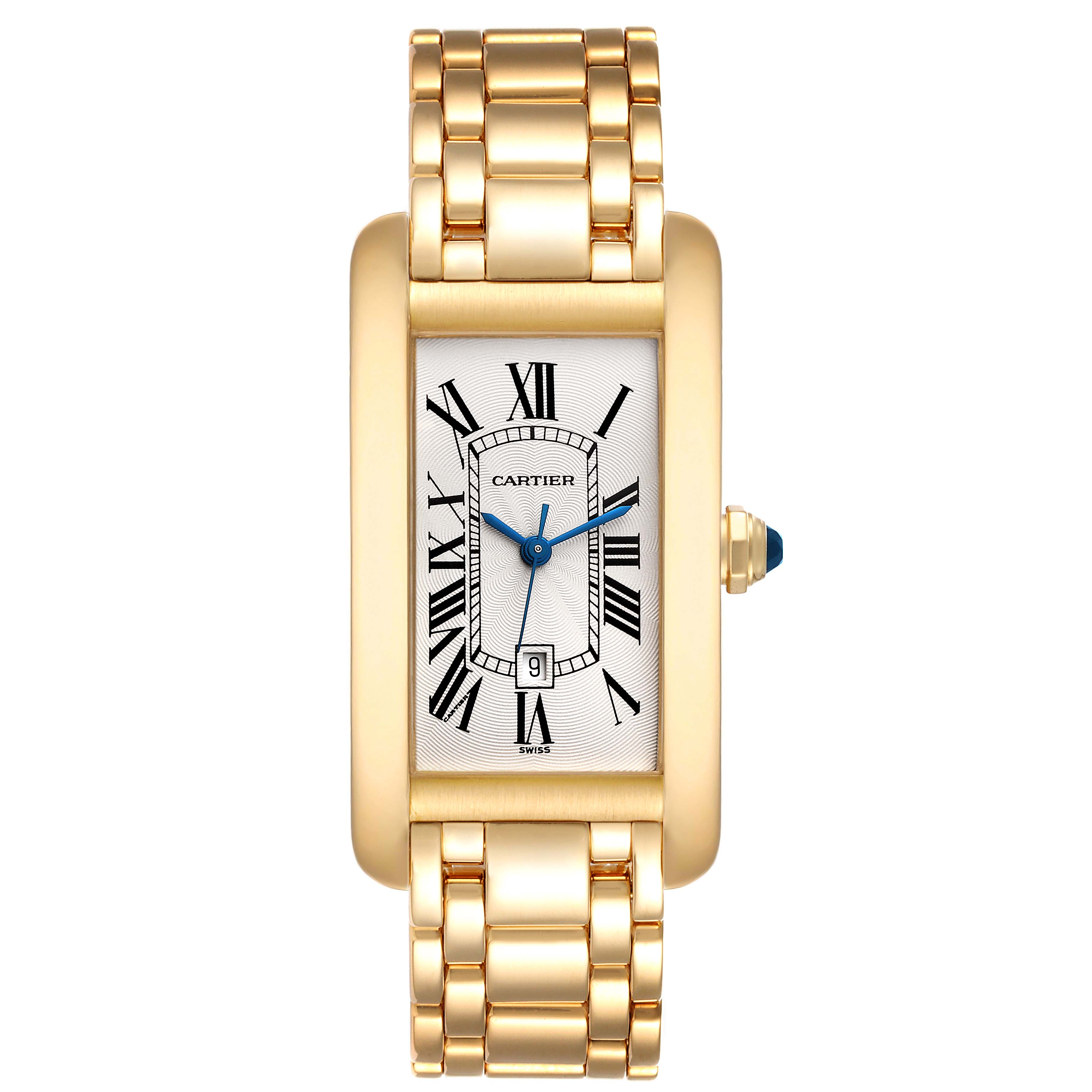 This image shows a front view of the Cartier Tank Americaine W26035K2 Women's Yellow Gold Silver Dial W26035K2 Women's Yellow Gold Silver Dial watch, highlighting its dial, hands, and bracelet.