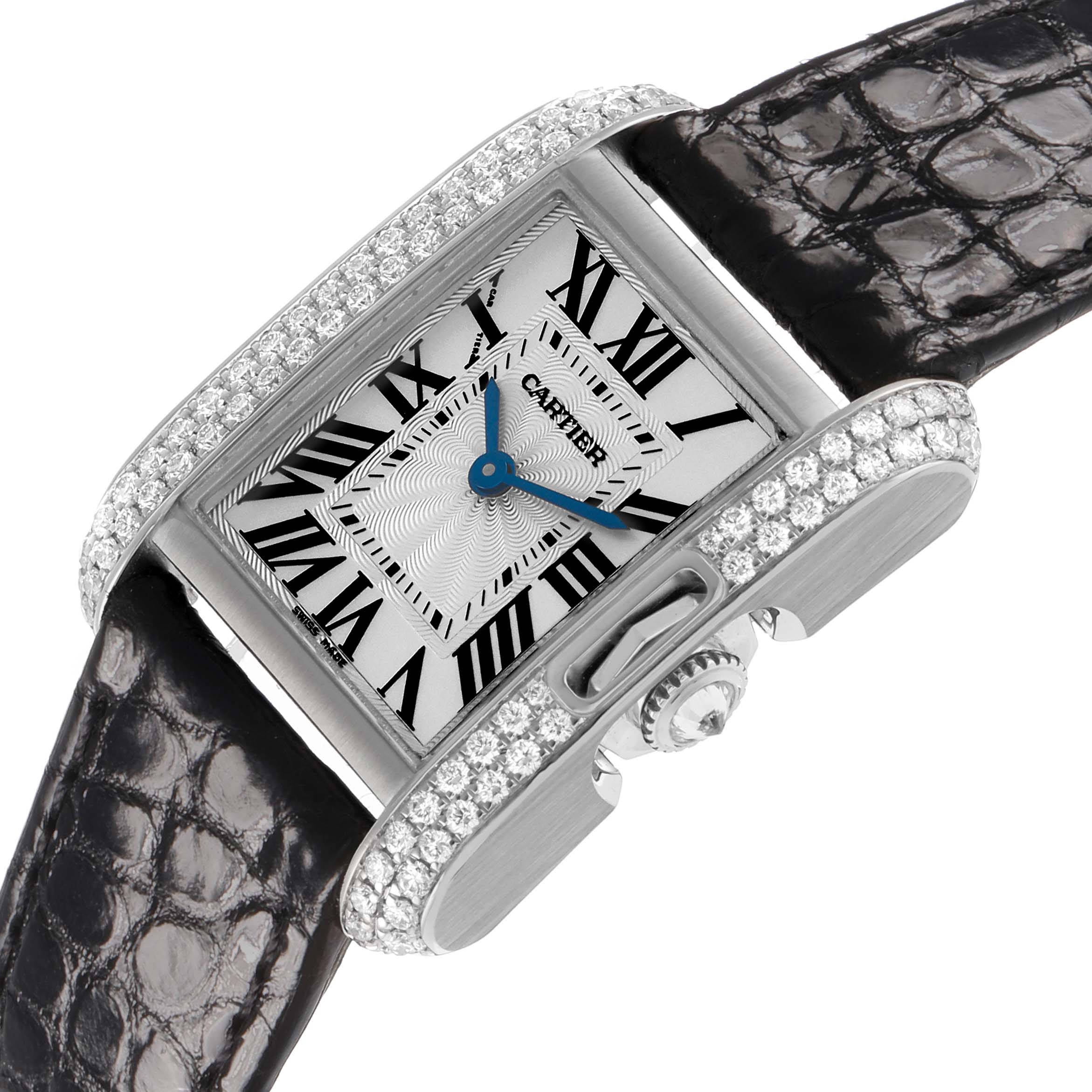 The image shows a Cartier Tank Anglaise WT100015 Women's White Gold Silver Dial watch at an angled view, highlighting its diamond-set bezel, blue hands, and Roman numeral dial.