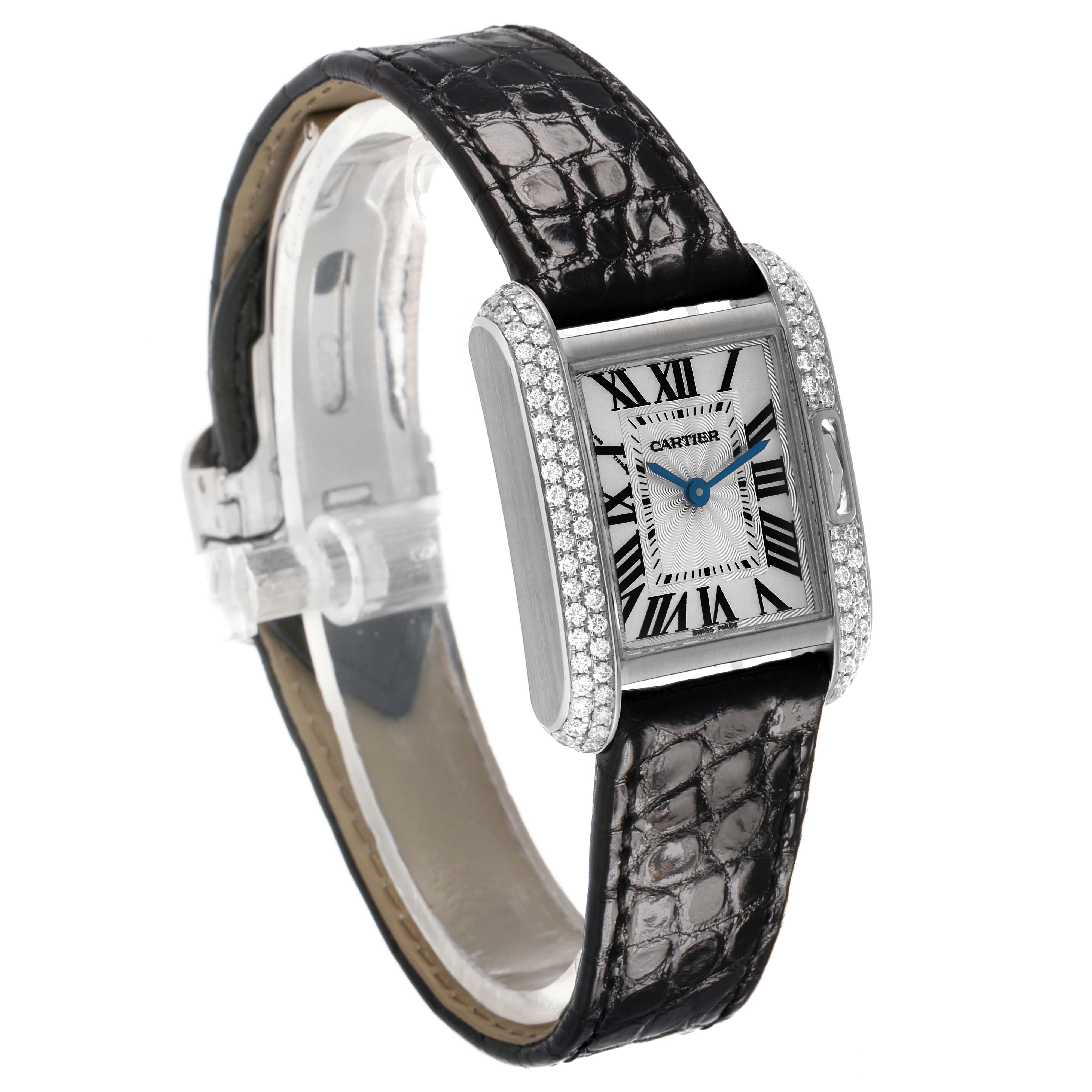 The Cartier Tank Anglaise WT100015 Women's White Gold Silver Dial watch is shown at a three-quarter angle, highlighting its rectangular face and diamond-encrusted bezel.