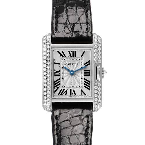 The Cartier Tank Anglaise WT100015 Women's White Gold Silver Dial watch is shown from the front, highlighting its dial, bezel, and leather strap.
