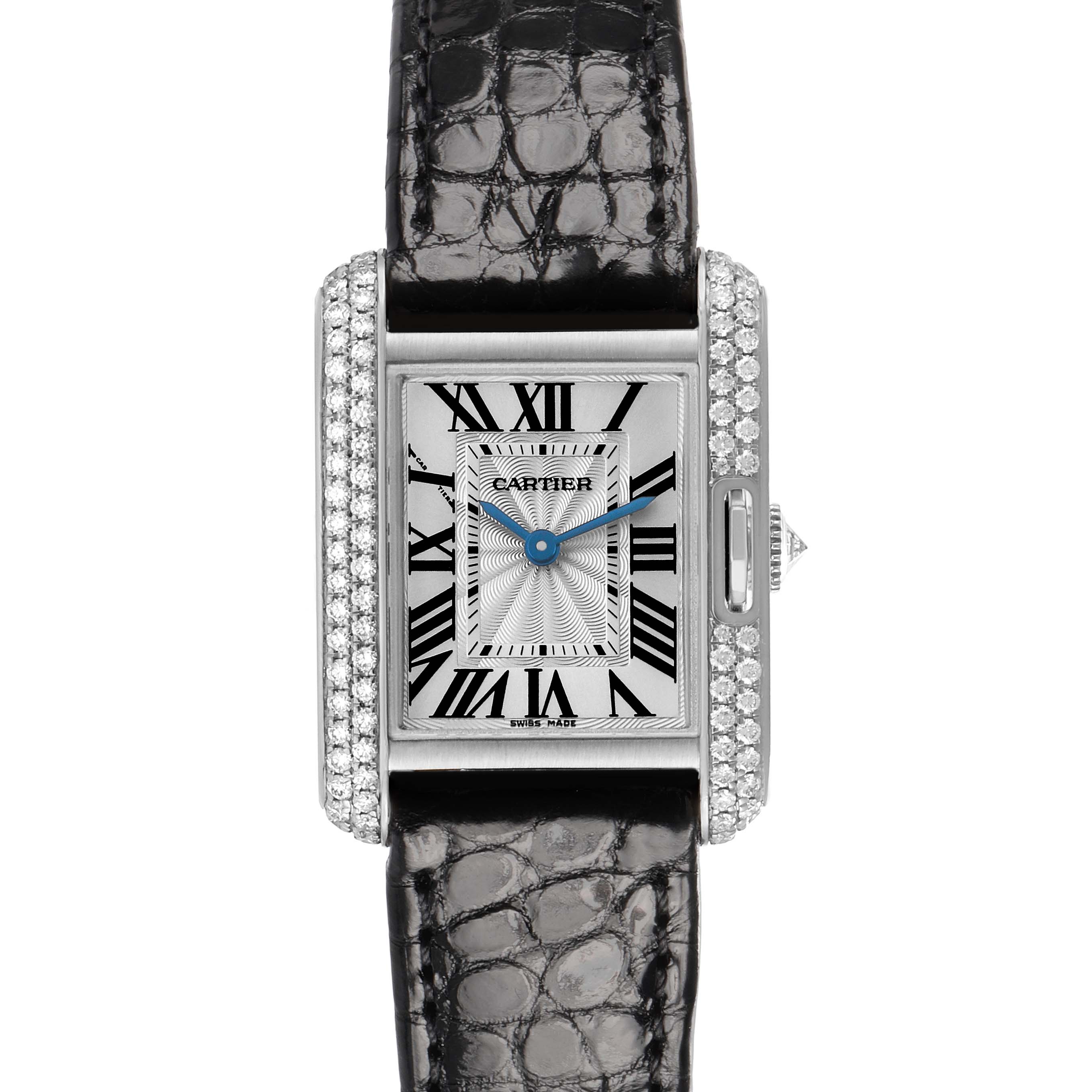 The Cartier Tank Anglaise WT100015 Women's White Gold Silver Dial watch is shown from the front, displaying the face, diamond-set bezel, and leather strap.