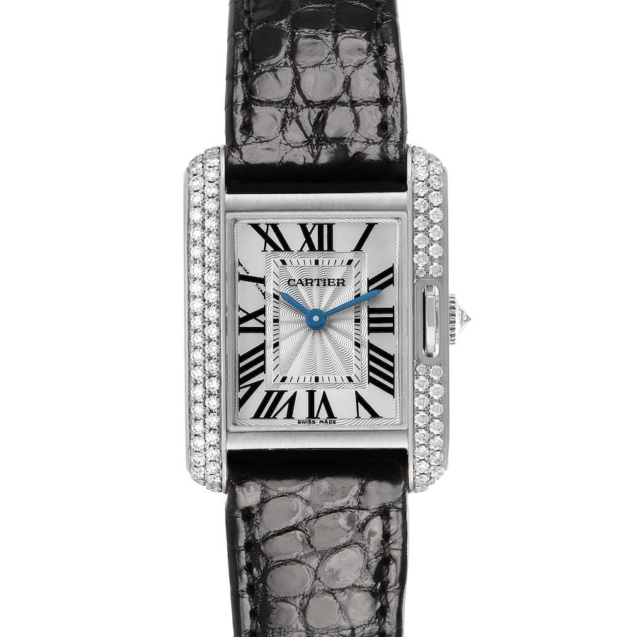 The Cartier Tank Anglaise WT100015 Women's White Gold Silver Dial watch is shown from the front, displaying the face, diamond-set bezel, and leather strap.