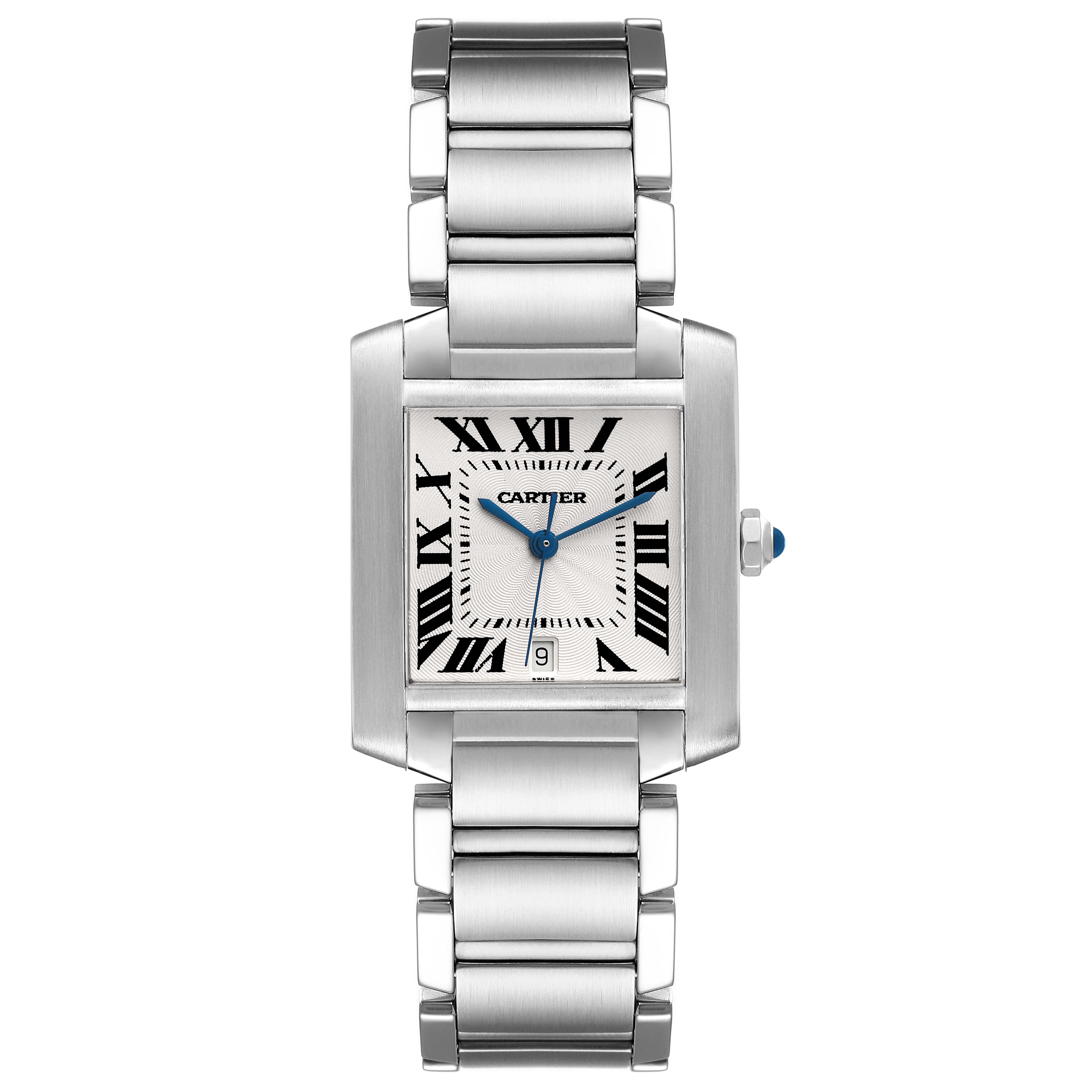The image shows a front view of a Cartier Tank Française watch, highlighting its rectangular case, bracelet, and blue hands.