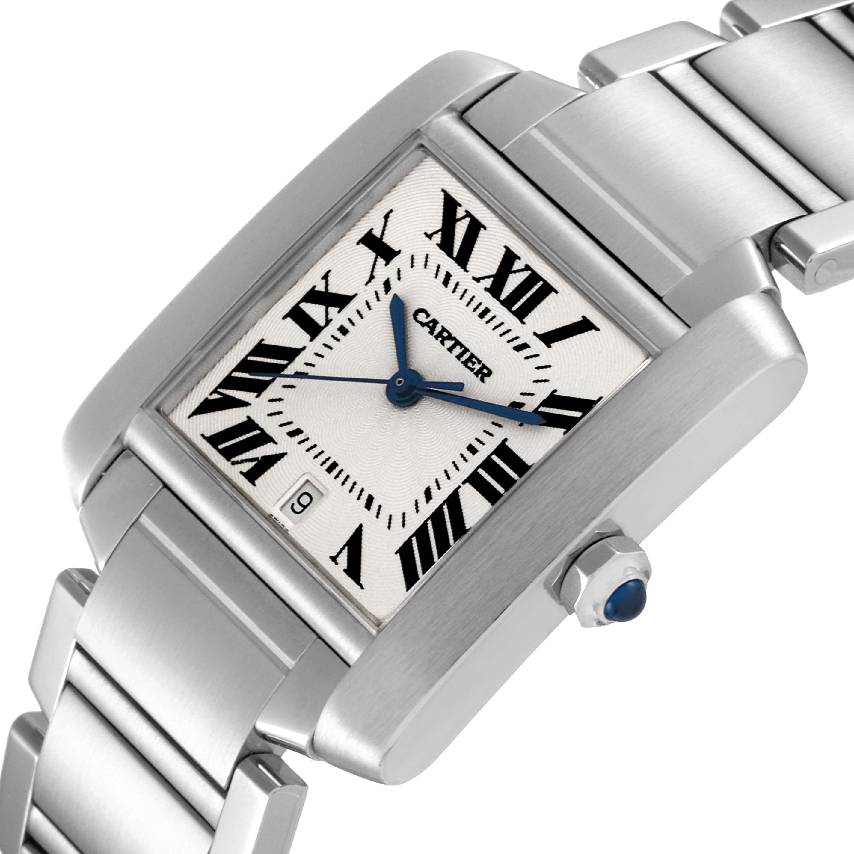 The image shows a Cartier Tank Francaise W51002Q3 Men's Stainless Steel Silver Dial W51002Q3 Men's Stainless Steel Silver Dial watch at an angled close-up, highlighting the dial, bracelet, and crown.