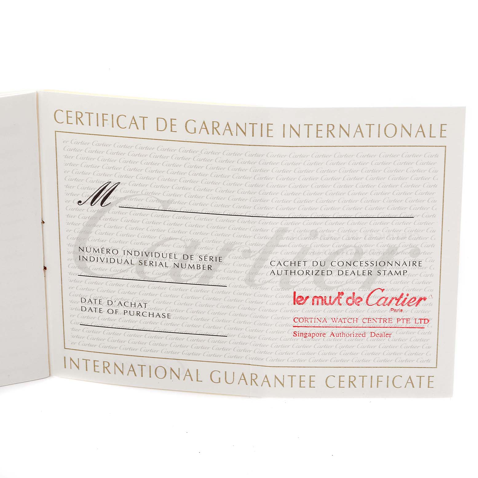 This image shows an International Guarantee Certificate for the Cartier Tank Française model, partially opened.