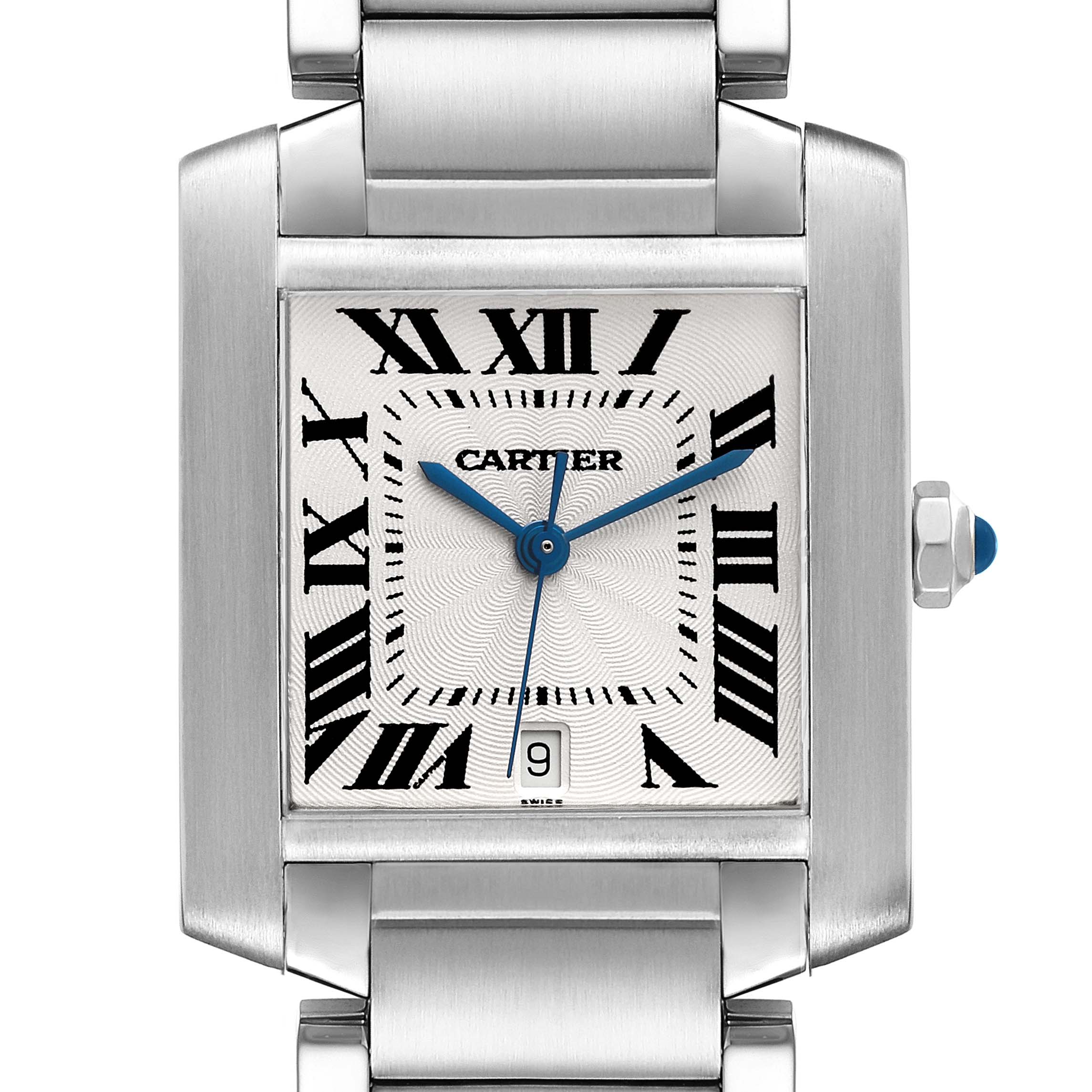 The image shows a close-up of the Cartier Tank Francaise W51002Q3 Men's Stainless Steel Silver Dial W51002Q3 Men's Stainless Steel Silver Dial watch face, including its Roman numerals, blue hands, date window, and crown with a blue gem.