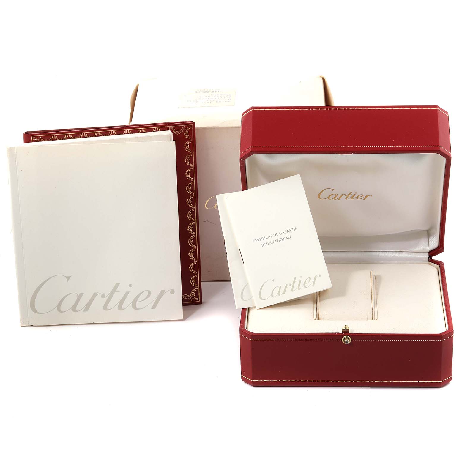 The image shows the packaging, warranty card, and booklets for the Cartier Tank Francaise W51002Q3 Men's Stainless Steel Silver Dial W51002Q3 Men's Stainless Steel Silver Dial watch.
