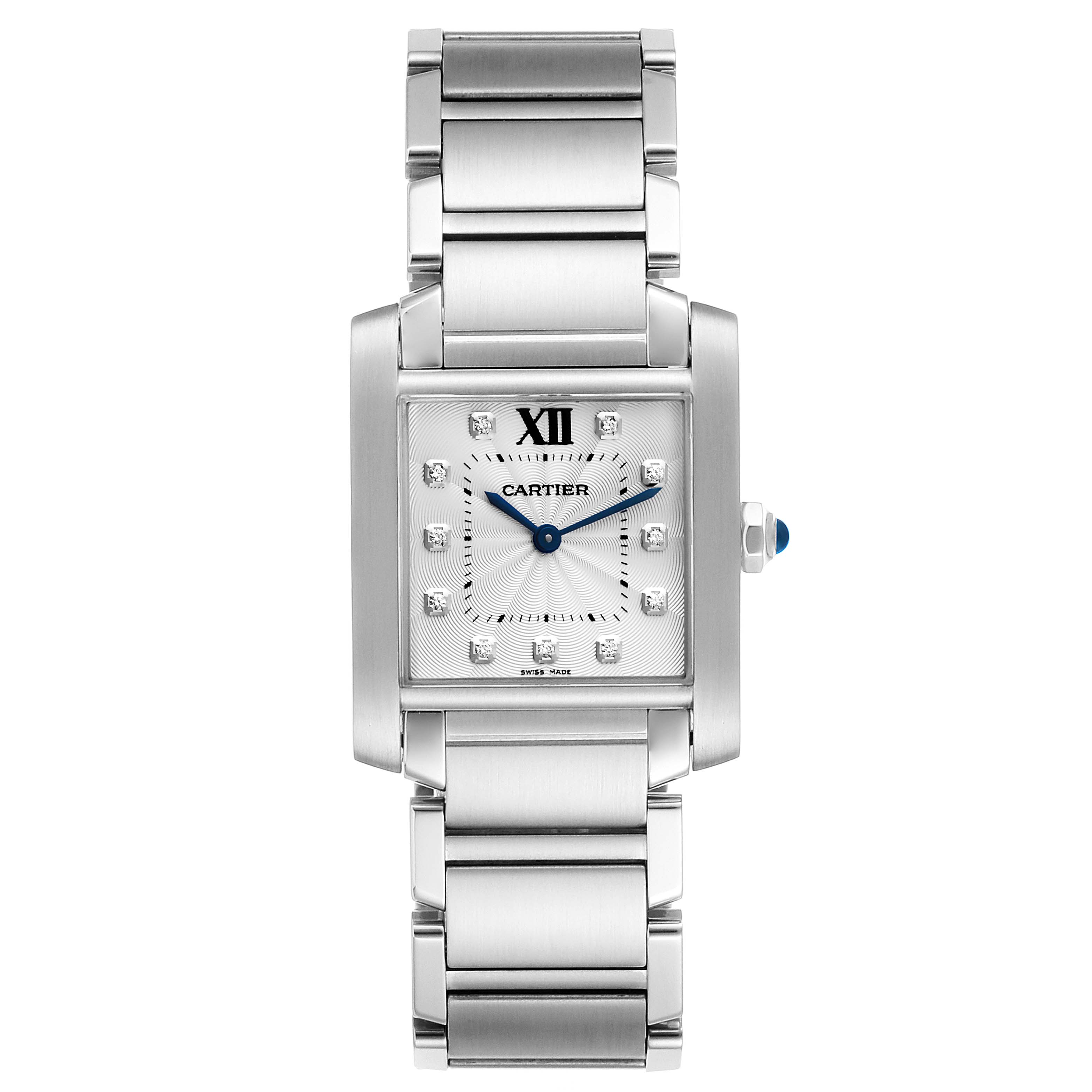 This image shows a front view of the Cartier Tank Francaise WE110007 Women's Stainless Steel Silver Dial WE110007 Women's Stainless Steel Silver Dial watch with a metal bracelet and a square face.
