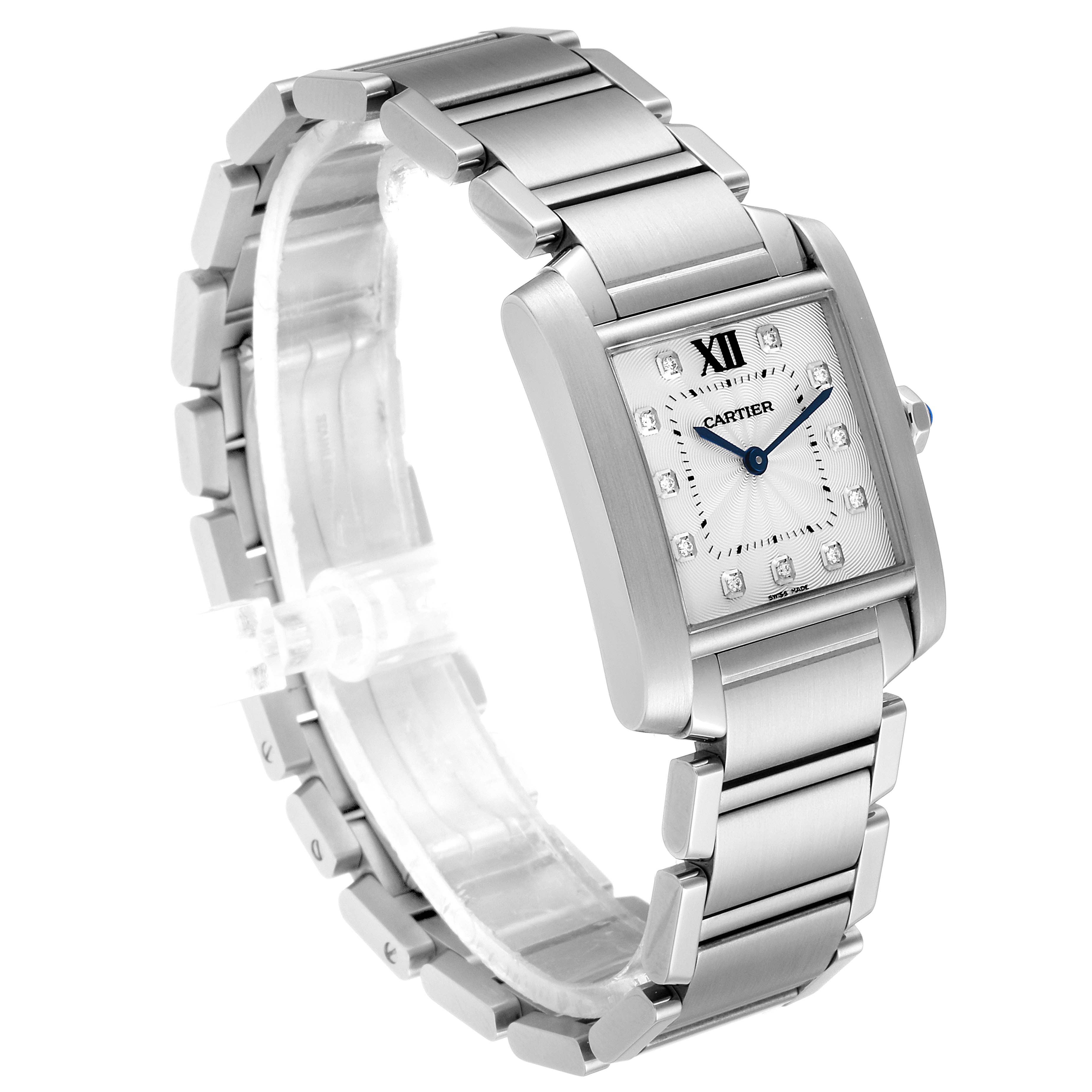 The image shows a side angle of a Cartier Tank Francaise WE110007 Women's Stainless Steel Silver Dial WE110007 Women's Stainless Steel Silver Dial watch, highlighting its rectangular face and metal bracelet.
