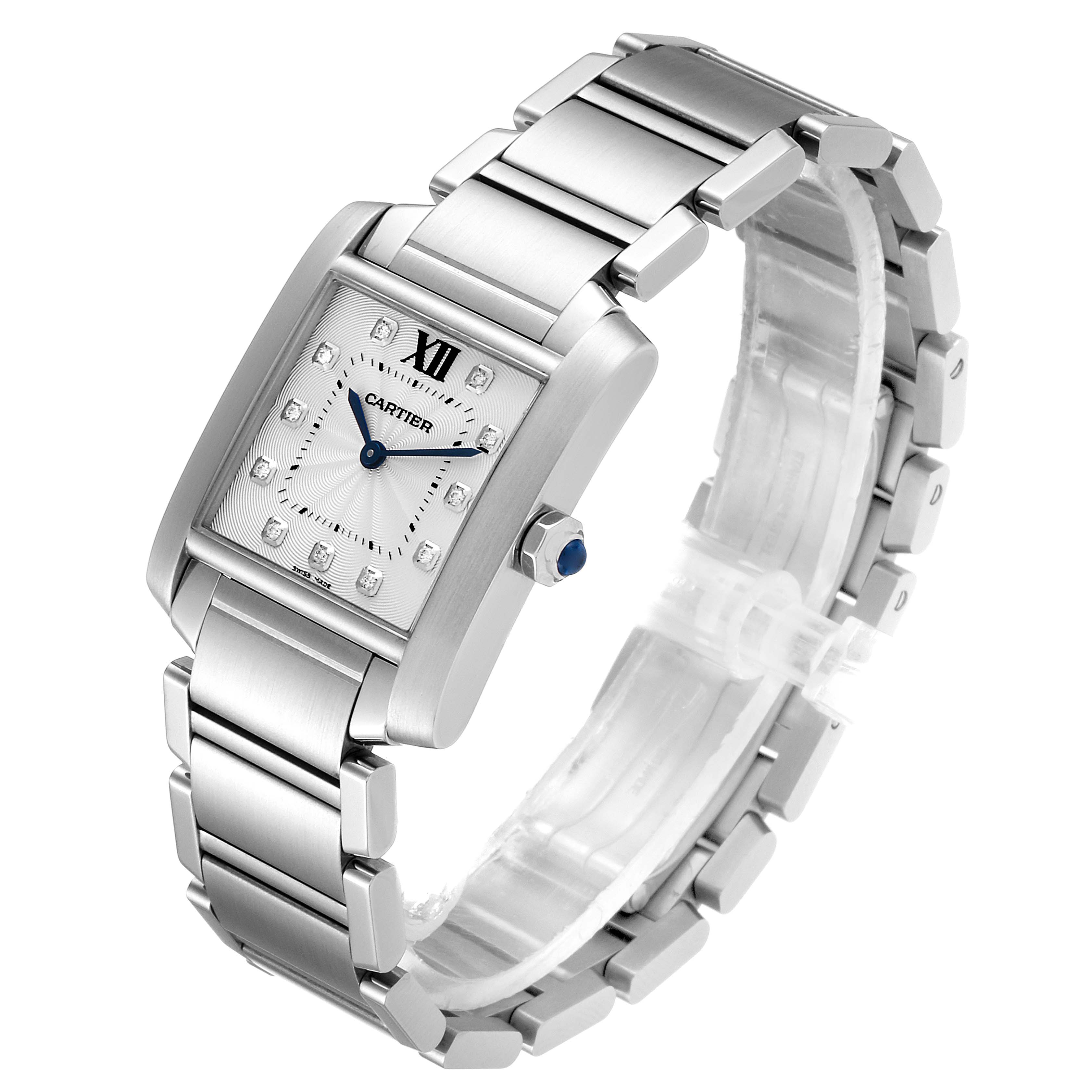 The image shows the Cartier Tank Francaise WE110007 Women's Stainless Steel Silver Dial WE110007 Women's Stainless Steel Silver Dial watch at a side angle, displaying its face, bezel, and bracelet.