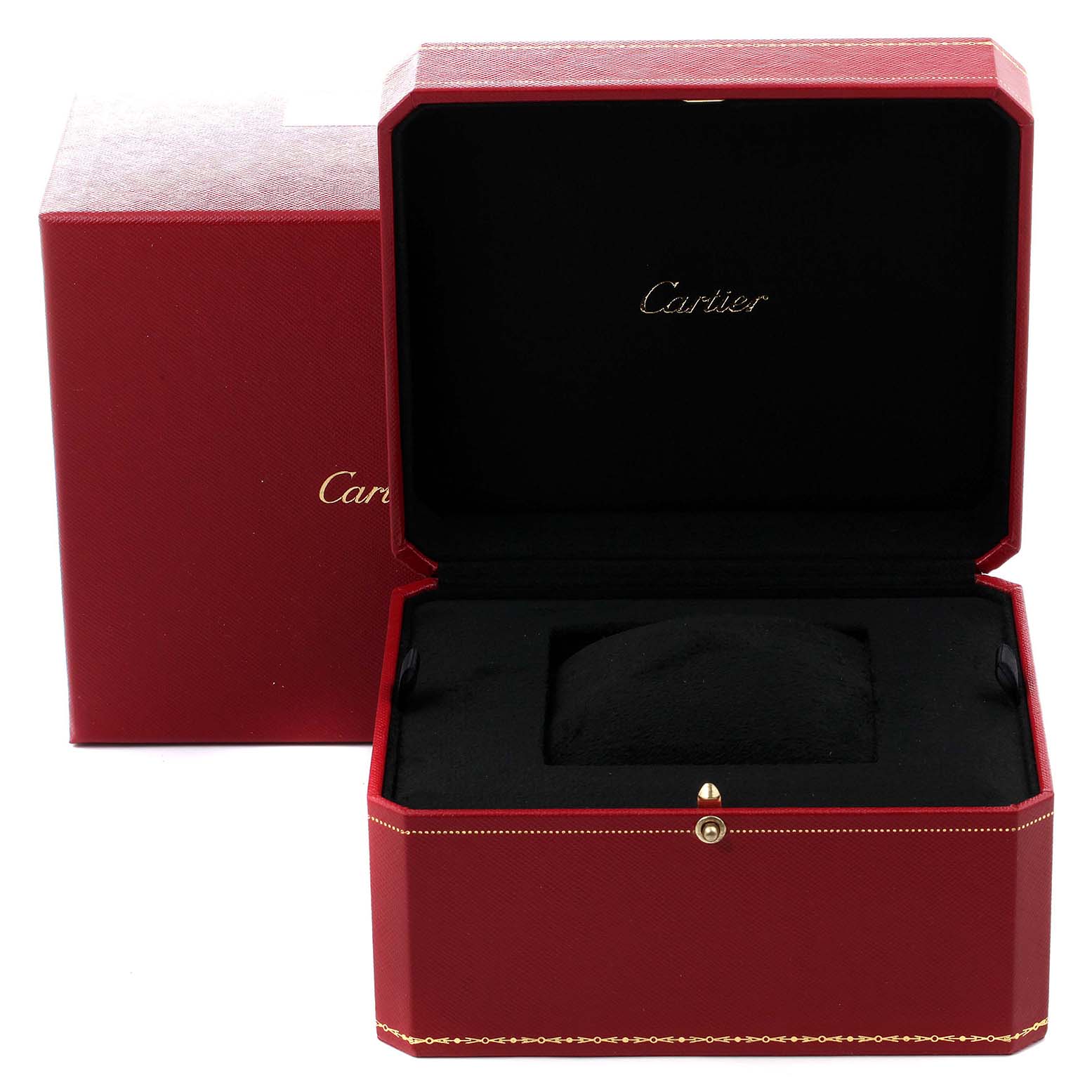 The image shows the open red box for a Cartier Tank Francaise WE110007 Women's Stainless Steel Silver Dial WE110007 Women's Stainless Steel Silver Dial watch, with a matching outer box in the background.