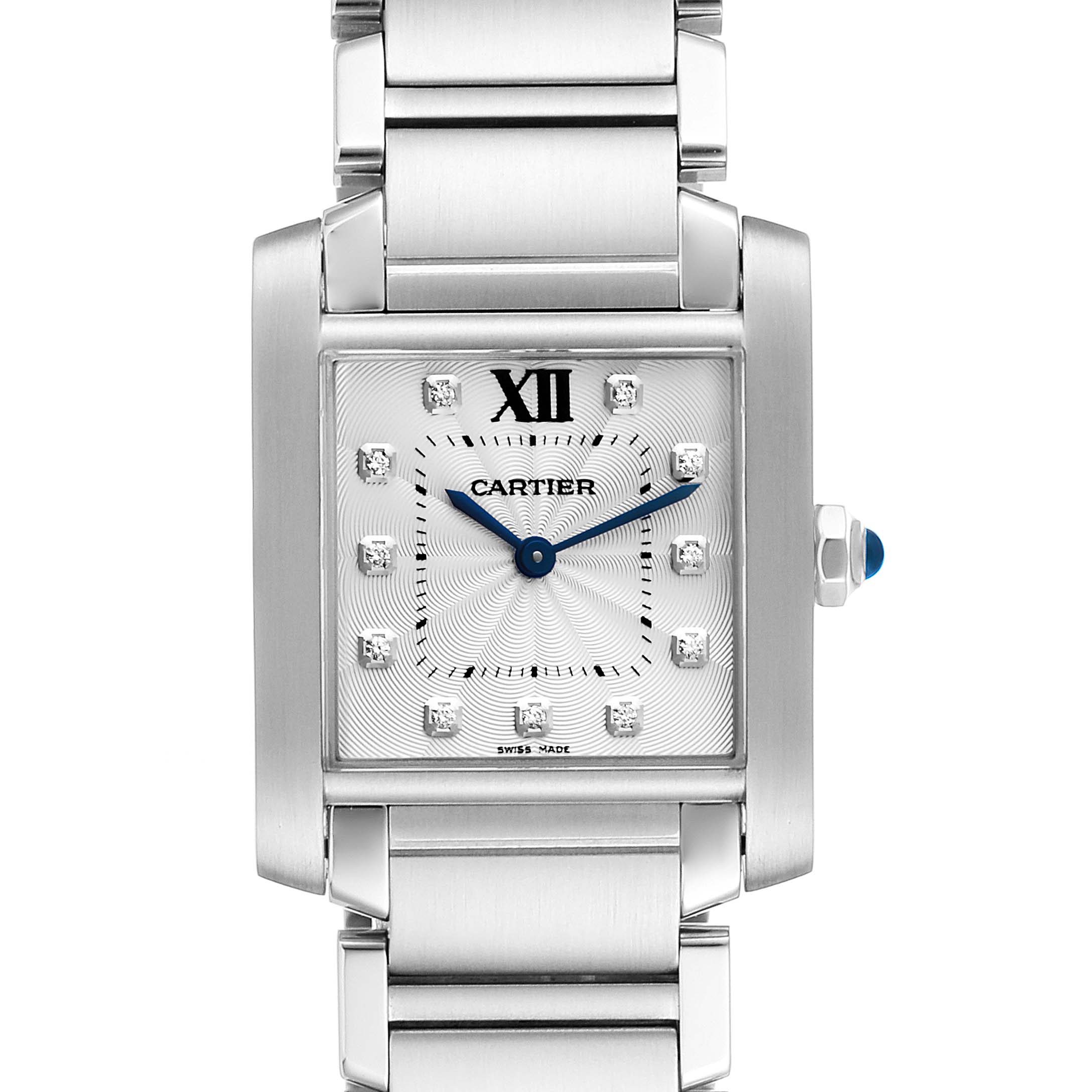 The image shows a head-on view of the Cartier Tank Francaise WE110007 Women's Stainless Steel Silver Dial WE110007 Women's Stainless Steel Silver Dial watch, focusing on the dial, bezel, and bracelet.