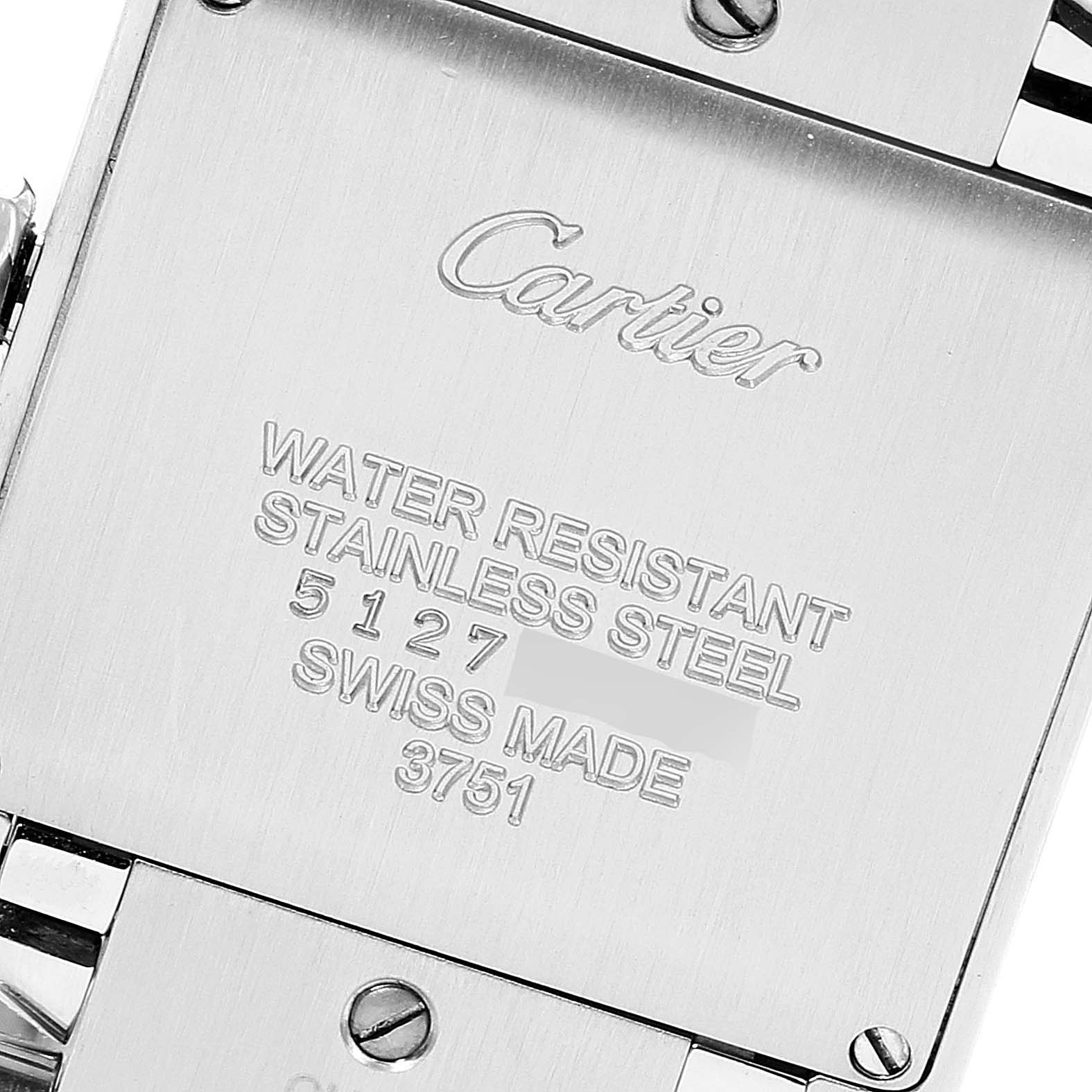 The image shows the stainless steel back of a Cartier Tank Francaise WE110007 Women's Stainless Steel Silver Dial WE110007 Women's Stainless Steel Silver Dial watch with branding and specifications.