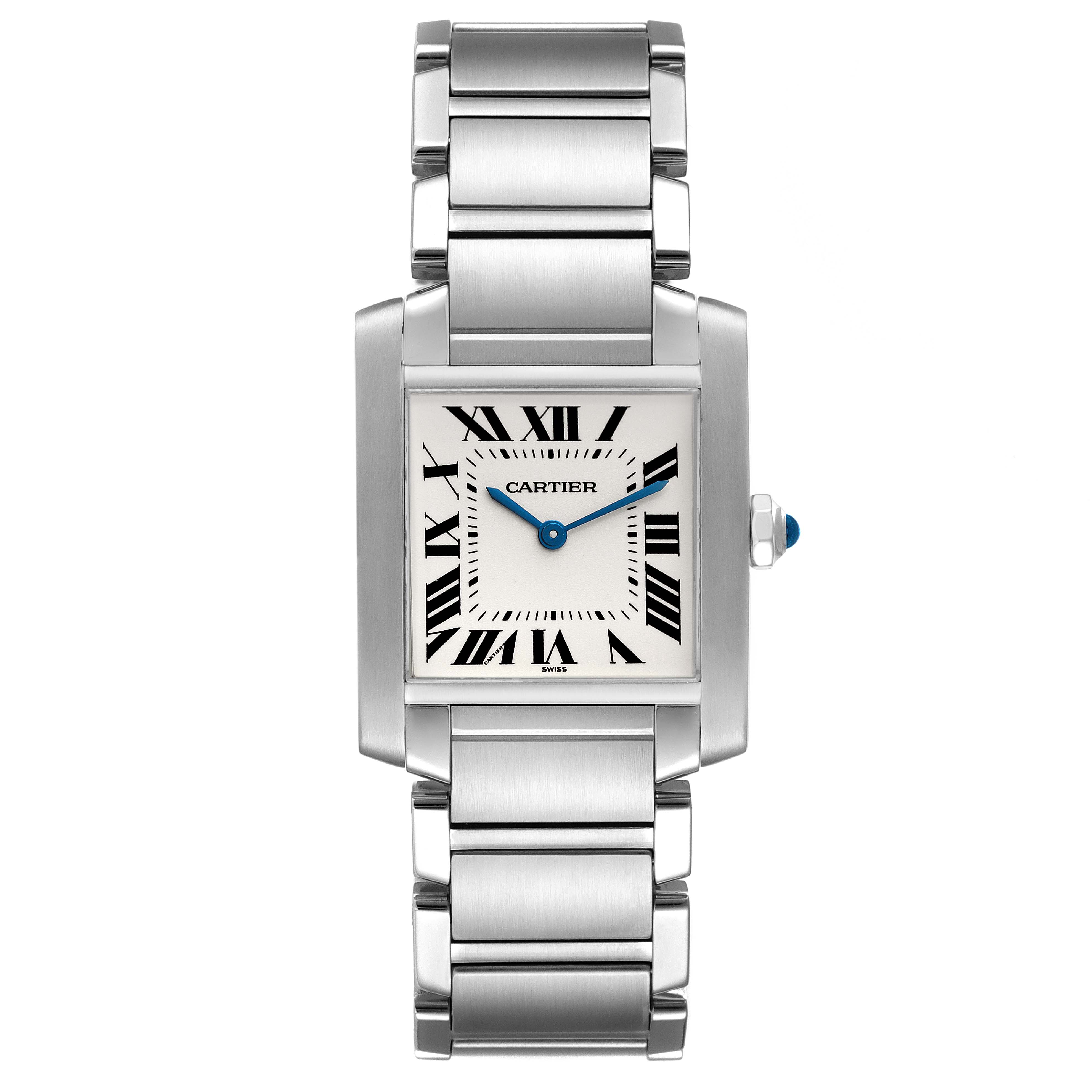 This image features a head-on view of the Cartier Tank Francaise W51003Q3 Women's Stainless Steel Silver Dial W51003Q3 Women's Stainless Steel Silver Dial watch showing its face, bezel, and stainless steel bracelet.