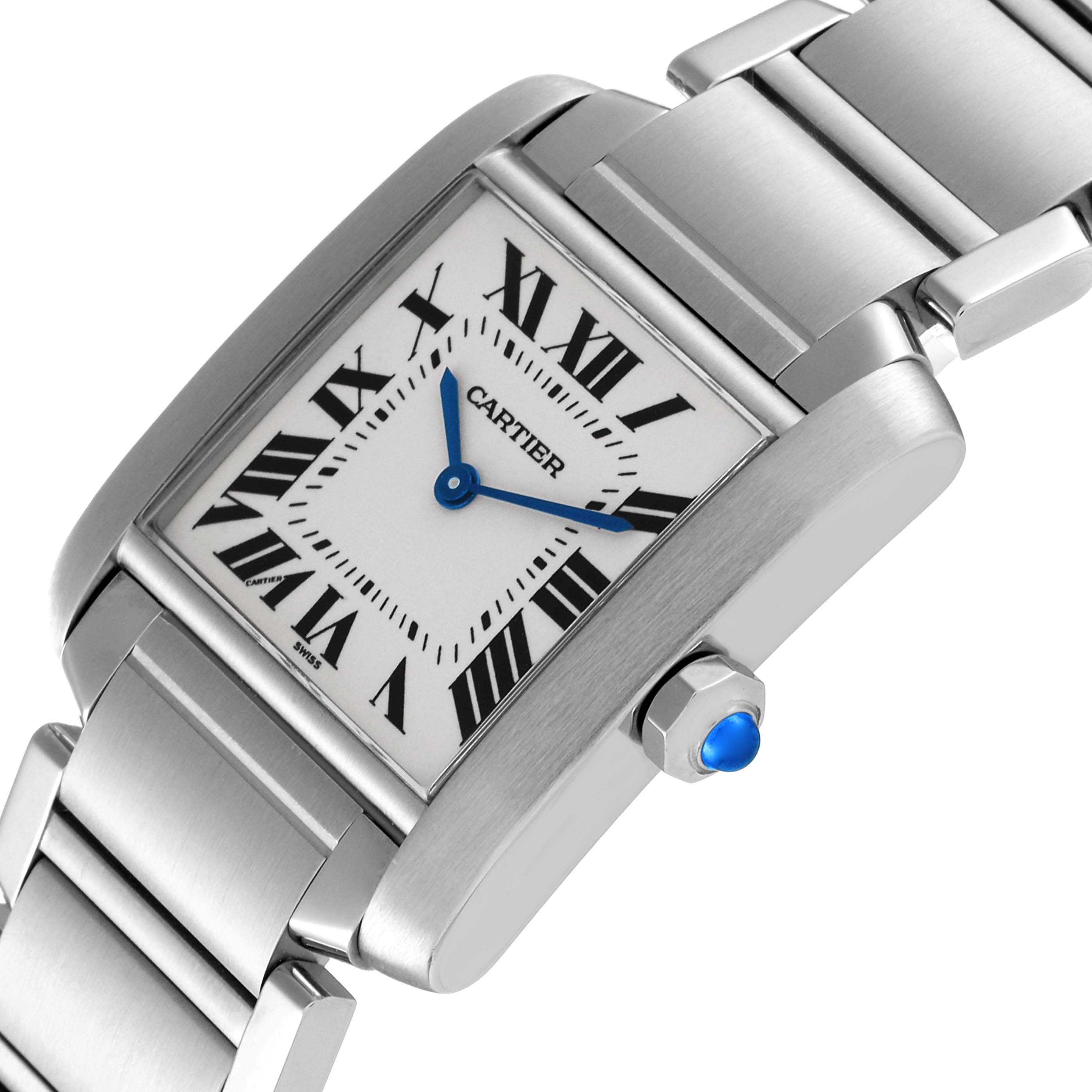 This image shows a close-up angled view of a Cartier Tank Francaise W51003Q3 Women's Stainless Steel Silver Dial W51003Q3 Women's Stainless Steel Silver Dial watch, focusing on the face, crown, and part of the bracelet.