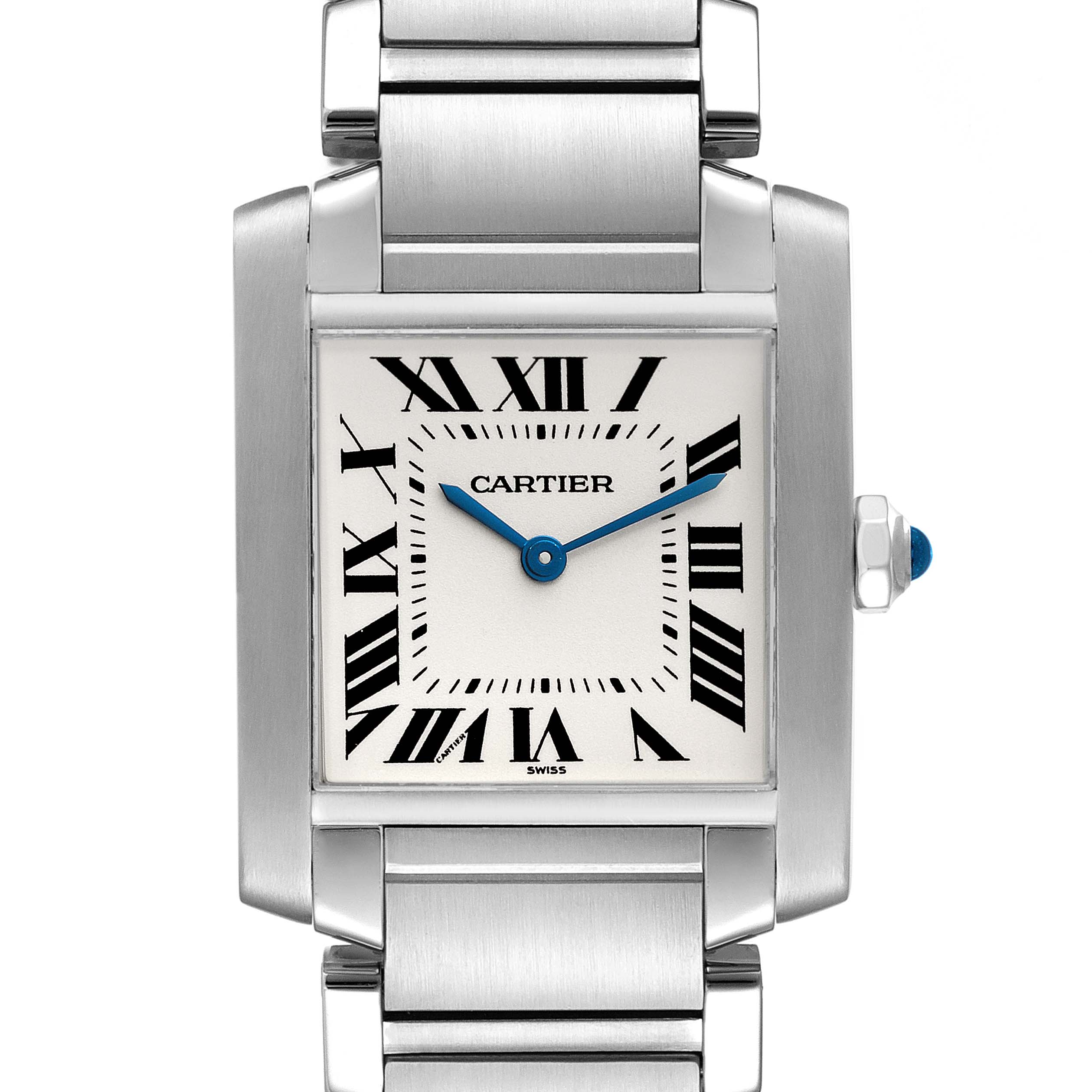 This image shows a Cartier Tank Francaise W51003Q3 Women's Stainless Steel Silver Dial W51003Q3 Women's Stainless Steel Silver Dial watch with a front view highlighting its rectangular face, Roman numerals, and metal bracelet.