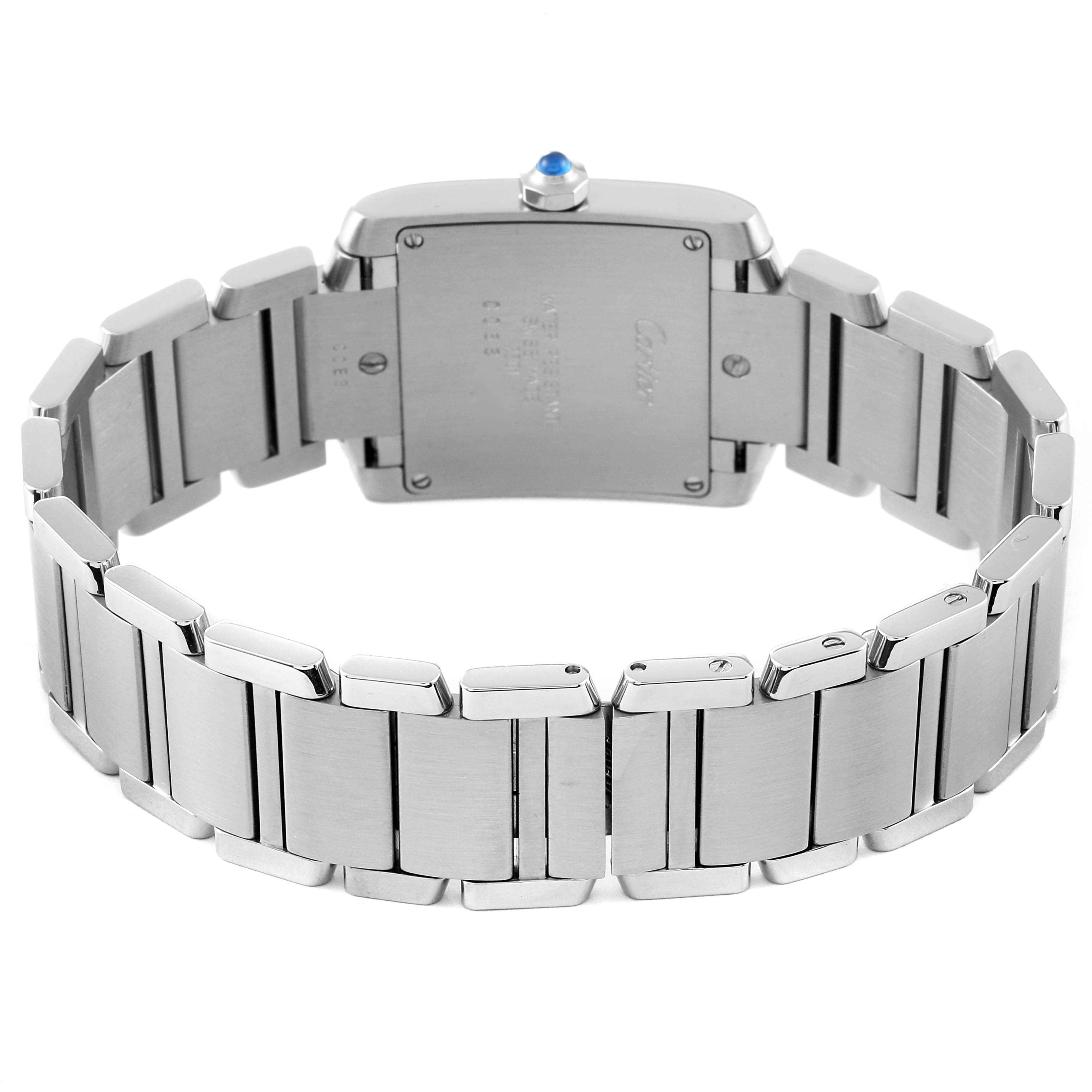 The image shows the back view of the Cartier Tank Francaise W51003Q3 Women's Stainless Steel Silver Dial W51003Q3 Women's Stainless Steel Silver Dial watch, highlighting the stainless steel bracelet and caseback.