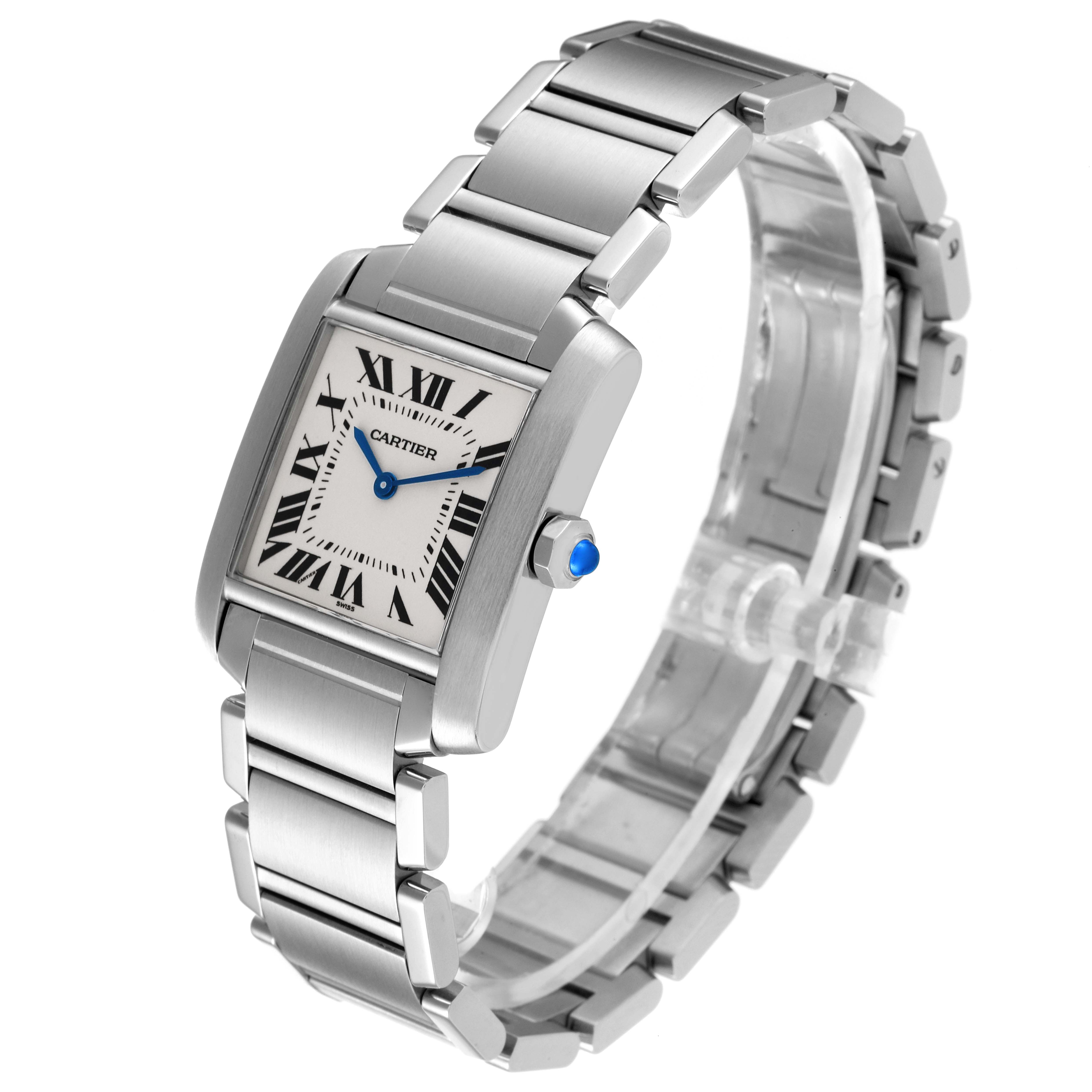 This image shows a side angle of the Cartier Tank Francaise W51003Q3 Women's Stainless Steel Silver Dial W51003Q3 Women's Stainless Steel Silver Dial watch, displaying its rectangular dial and metal bracelet.