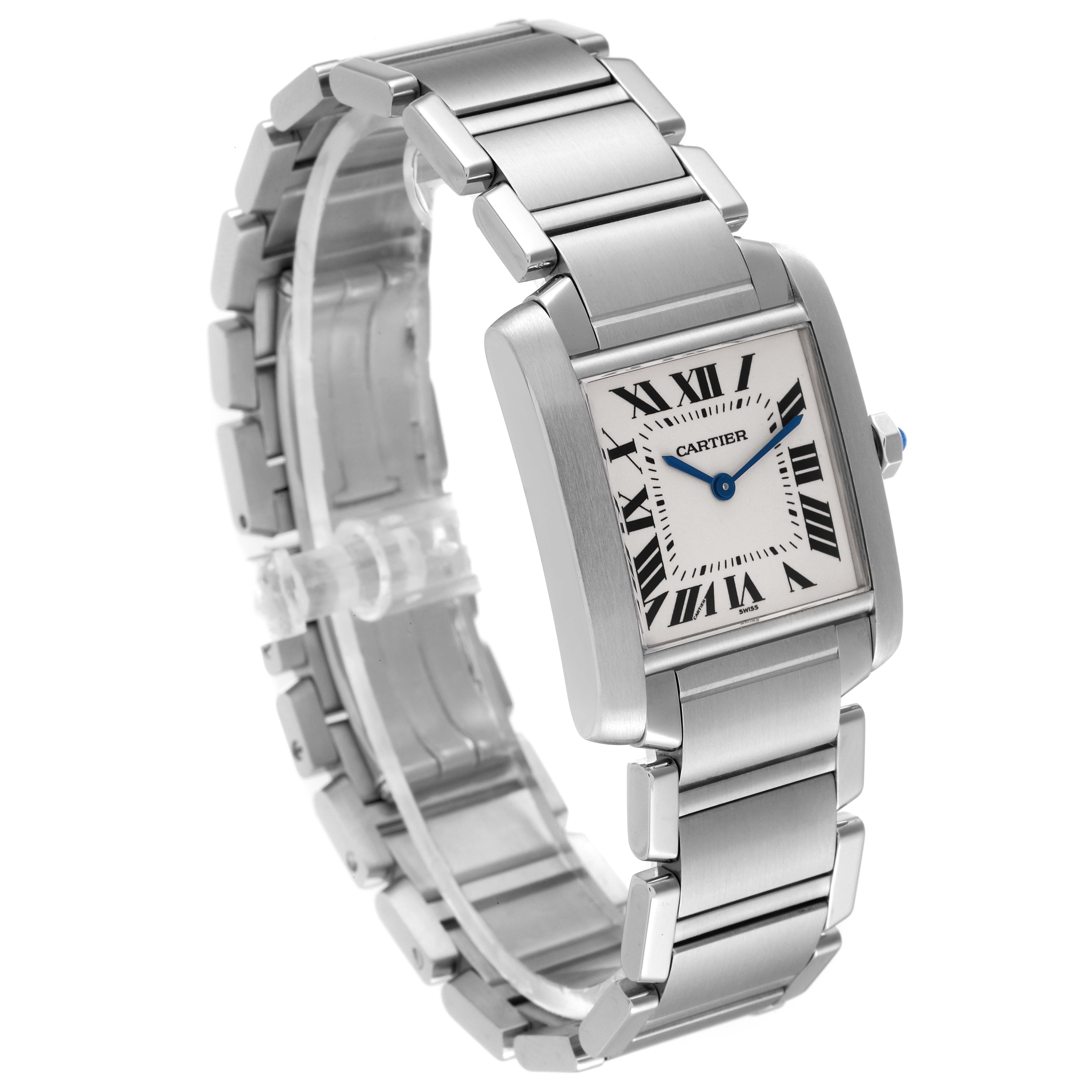 The image shows a side angle of a Cartier Tank Francaise W51003Q3 Women's Stainless Steel Silver Dial W51003Q3 Women's Stainless Steel Silver Dial watch, including its rectangular face and stainless steel bracelet.