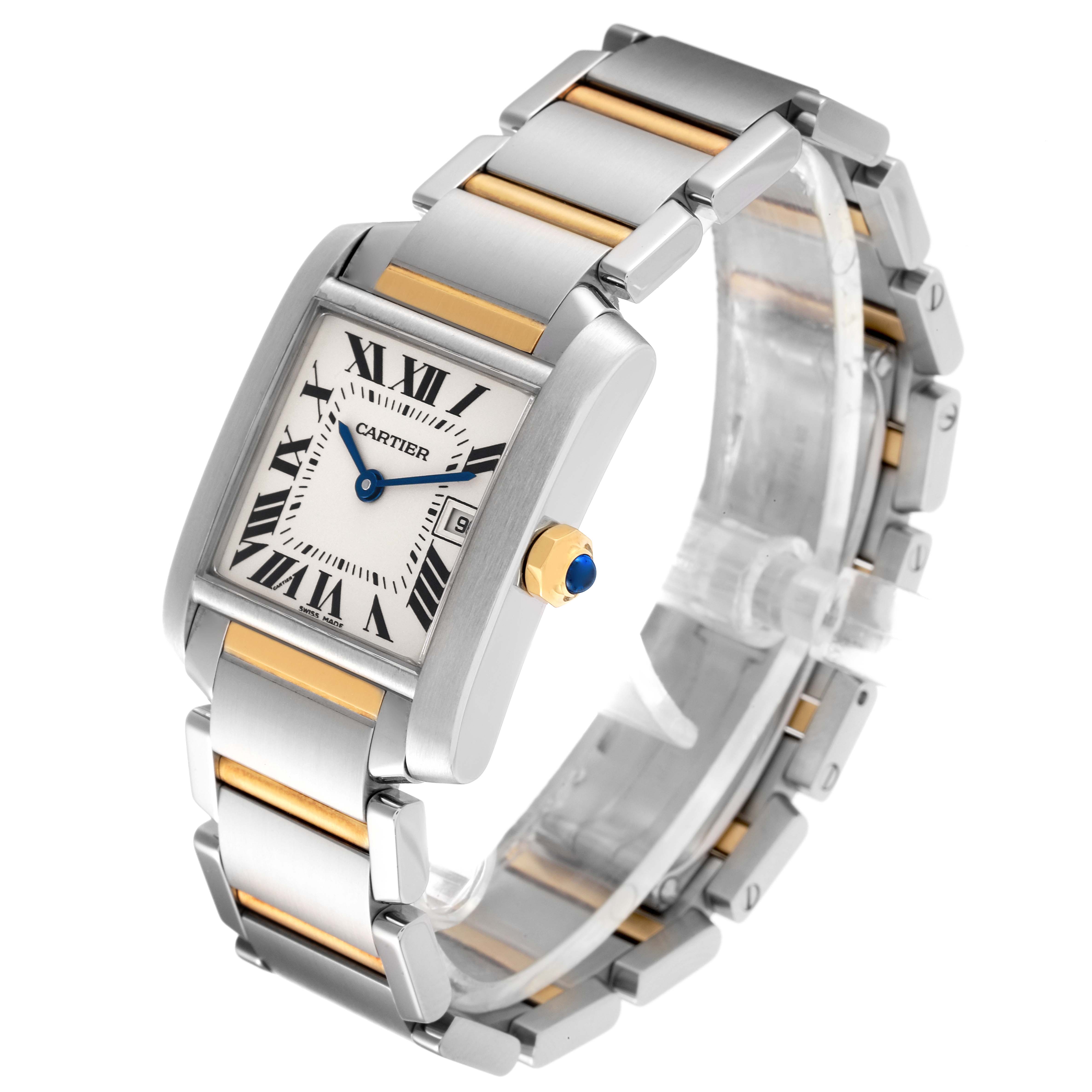 This image shows a Cartier Tank Francaise W51012Q4 Women's Steel and Gold (two tone) Silver Dial W51012Q4 Women's Steel and Gold (two tone) Silver Dial watch at an angled view, showcasing the face, crown, and bracelet.