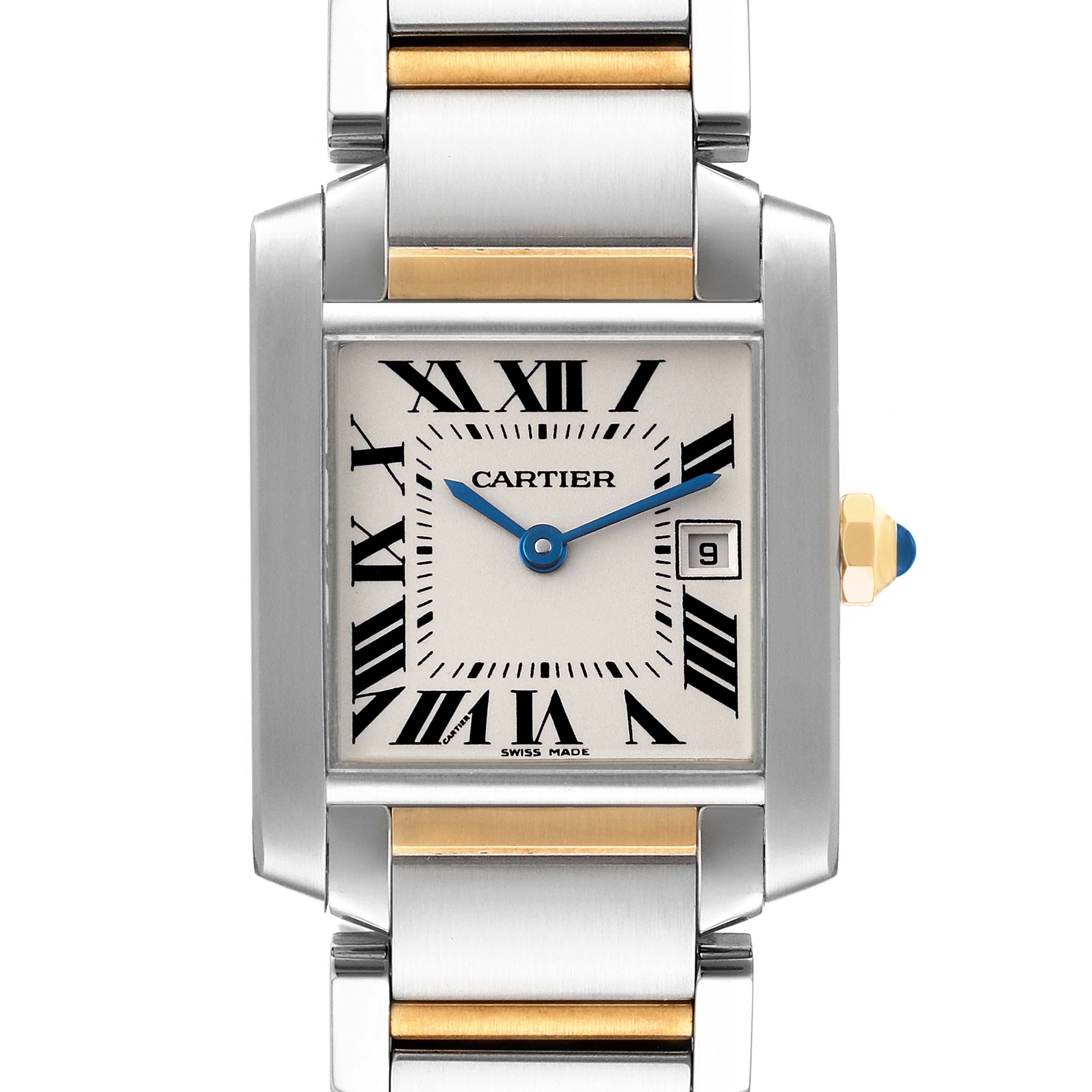 This is a front view of the Cartier Tank Francaise W51012Q4 Women's Steel and Gold (two tone) Silver Dial W51012Q4 Women's Steel and Gold (two tone) Silver Dial watch, showcasing its square dial, Roman numerals, metal bracelet, and crown.