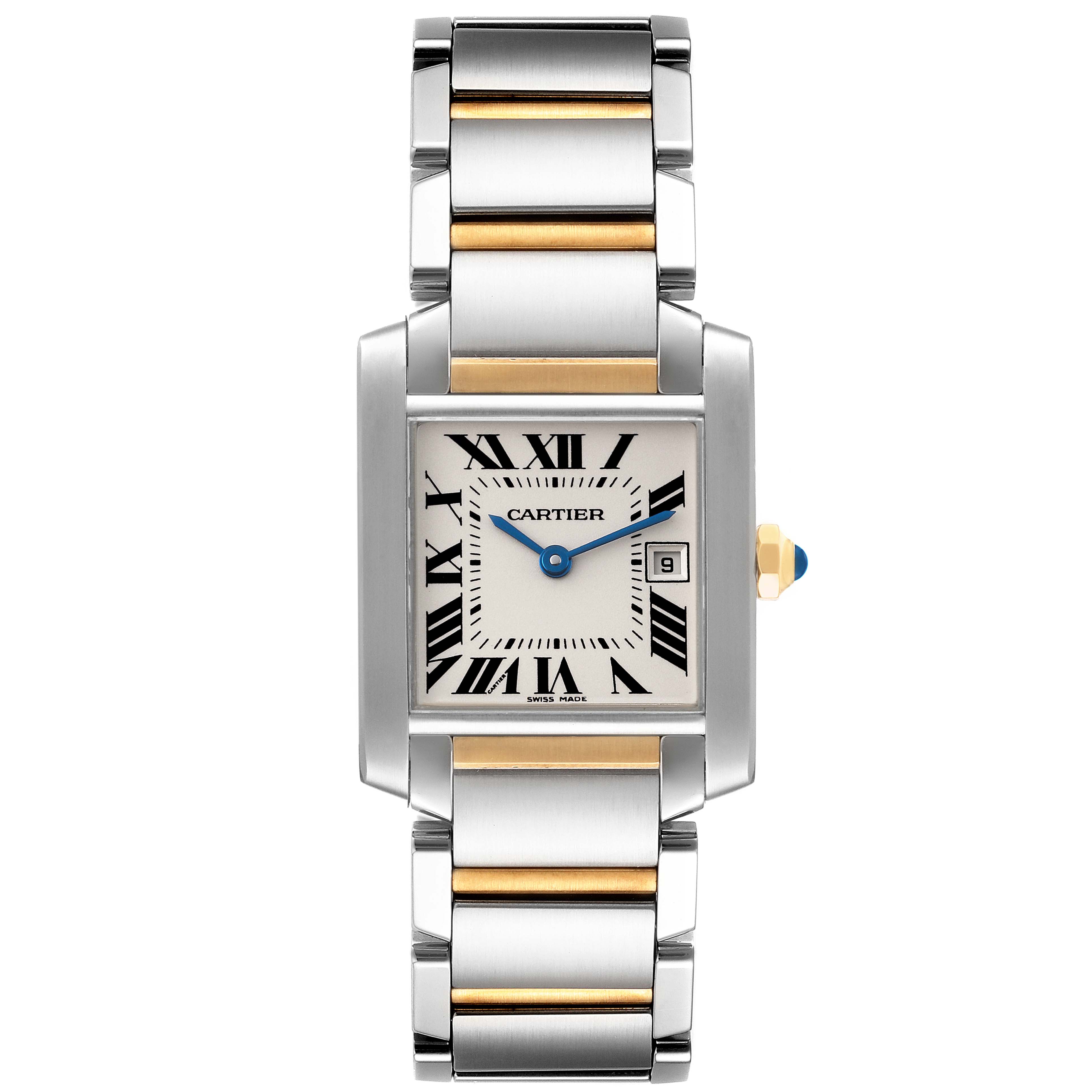 This is a front view of the Cartier Tank Française watch, showing the face, bracelet, and crown.