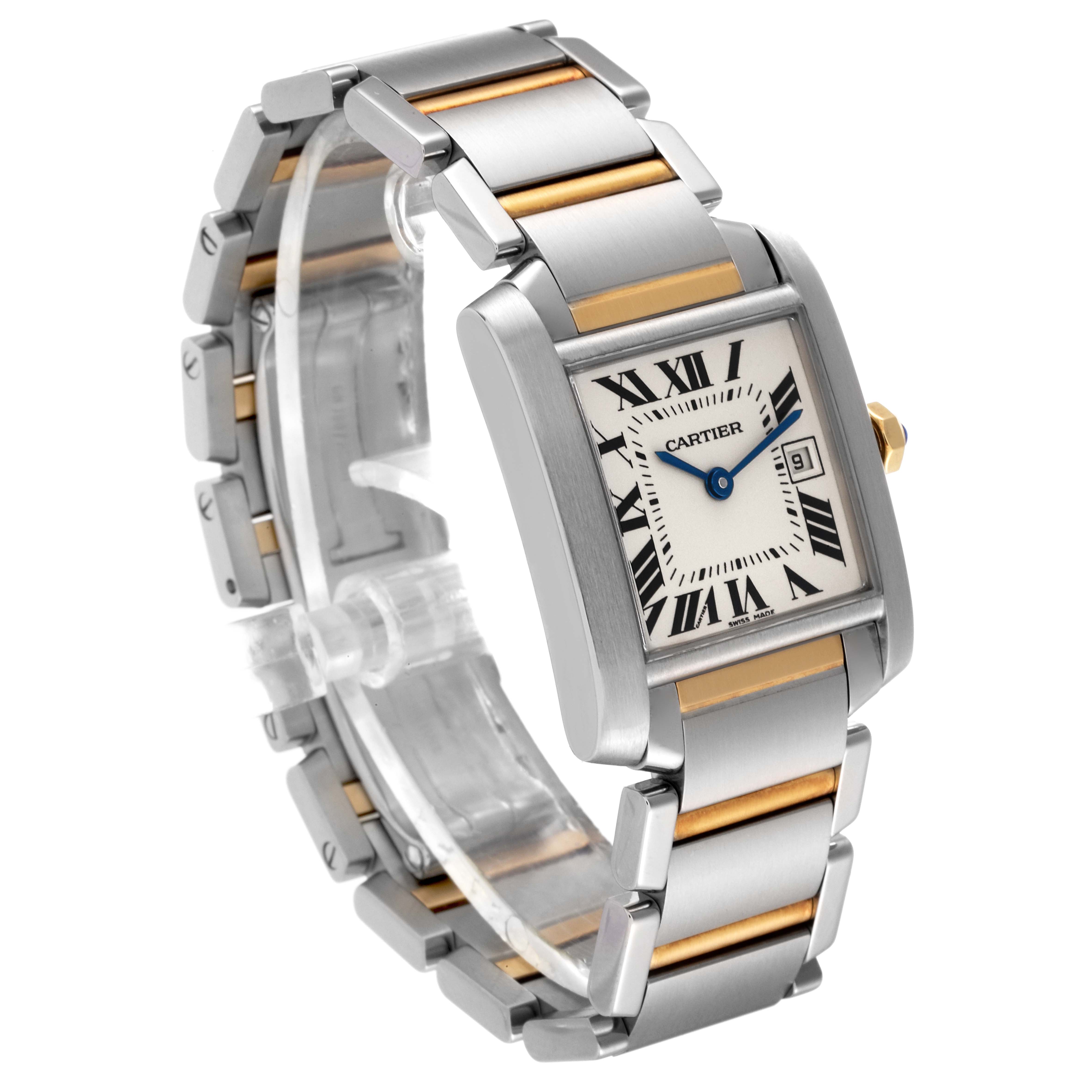 The image shows a Cartier Tank Francaise W51012Q4 Women's Steel and Gold (two tone) Silver Dial W51012Q4 Women's Steel and Gold (two tone) Silver Dial watch at a three-quarter angle, highlighting its rectangular face and metal bracelet.