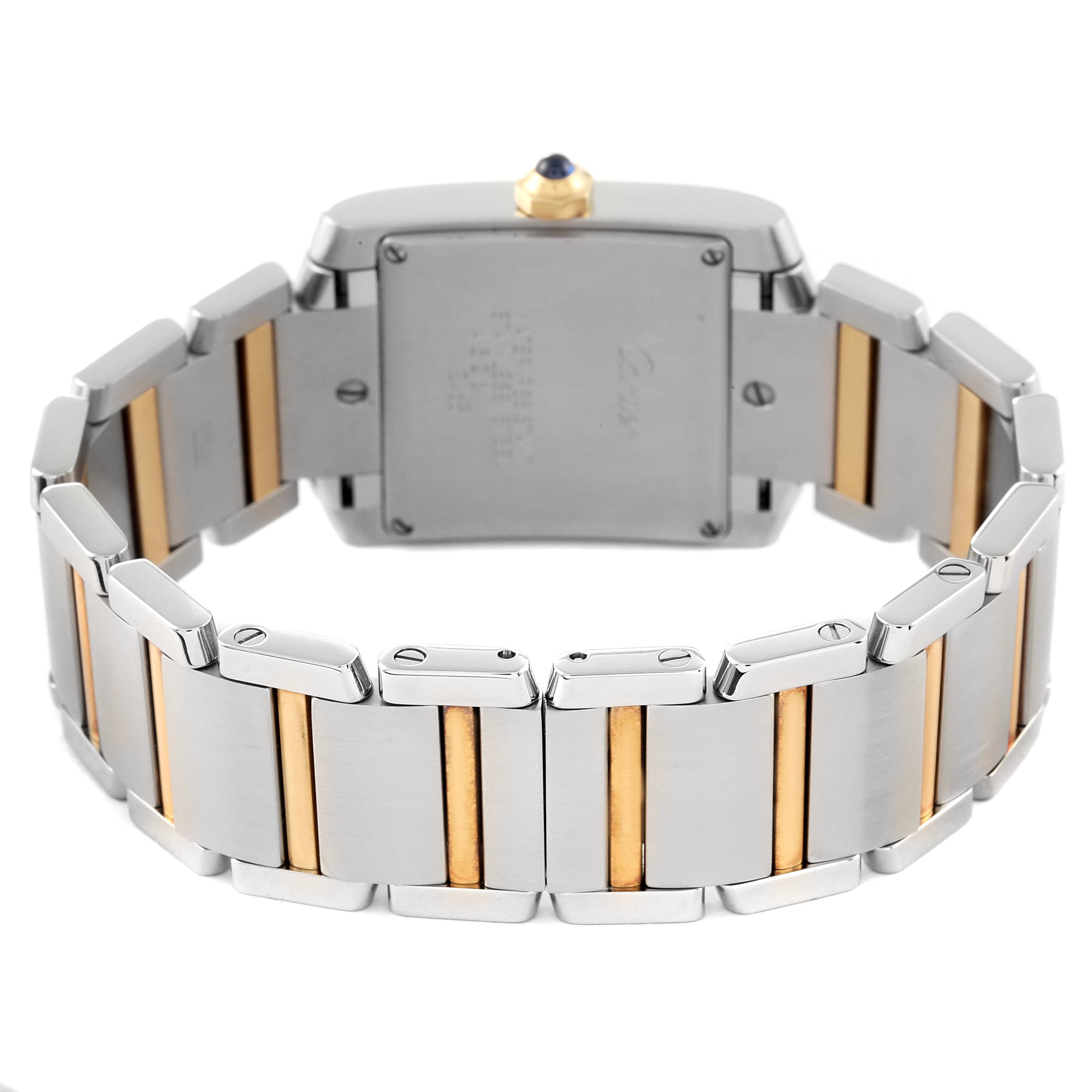 The image shows the back view of a Cartier Tank Francaise W51012Q4 Women's Steel and Gold (two tone) Silver Dial W51012Q4 Women's Steel and Gold (two tone) Silver Dial watch, highlighting the bracelet and clasp with two-tone metal links.
