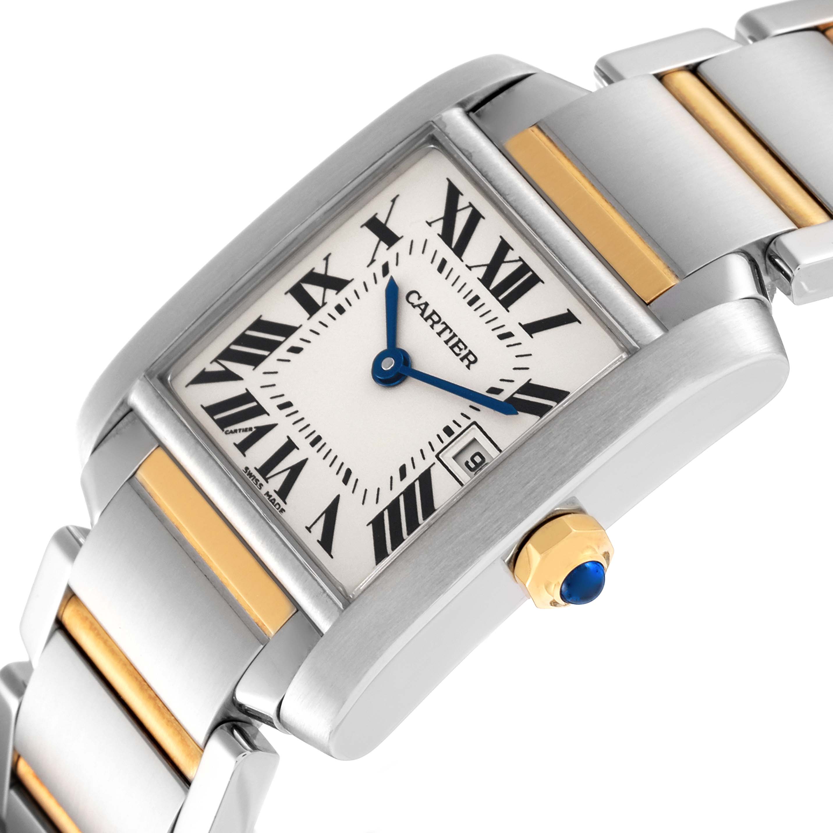 The image shows a Cartier Tank Française watch at a slight angled view, highlighting the face, crown, and part of the bracelet.