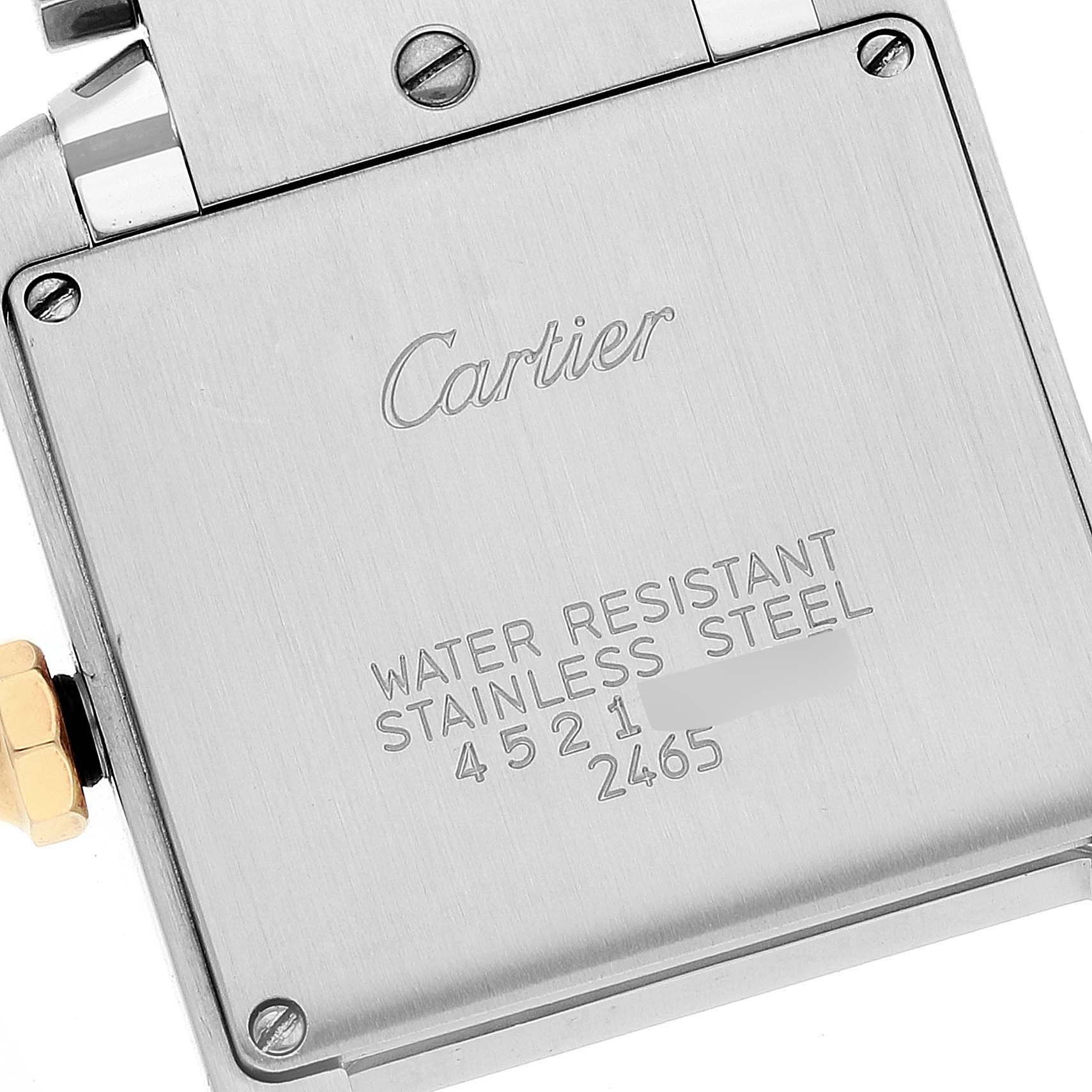 This image shows the back case of the Cartier Tank Française watch, highlighting the brand name and water resistance details.
