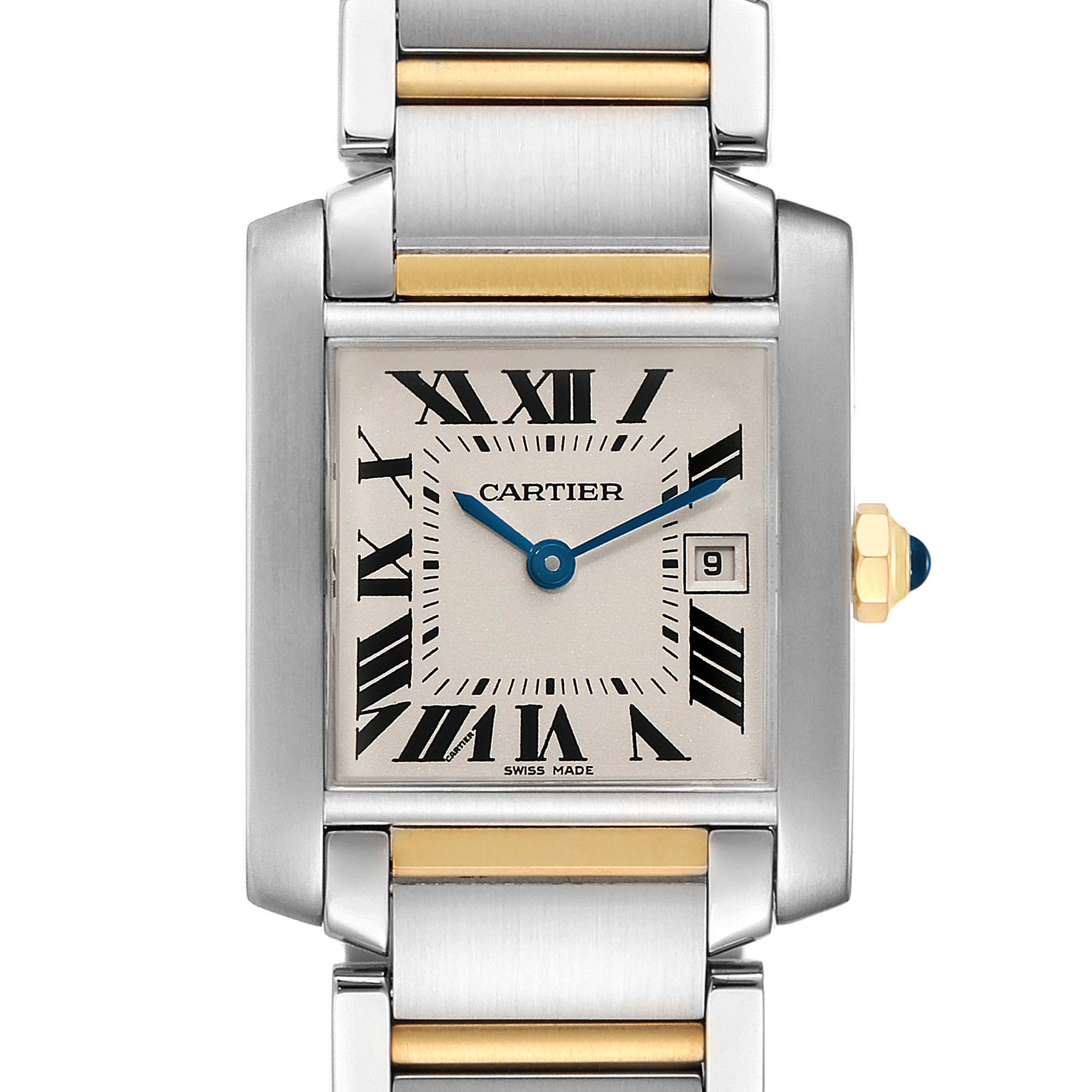 The image shows a close-up, front view of the Cartier Tank Francaise W51012Q4 Women's Steel and Gold (two tone) Silver Dial W51012Q4 Women's Steel and Gold (two tone) Silver Dial watch, highlighting the dial, bezel, and part of the bracelet.