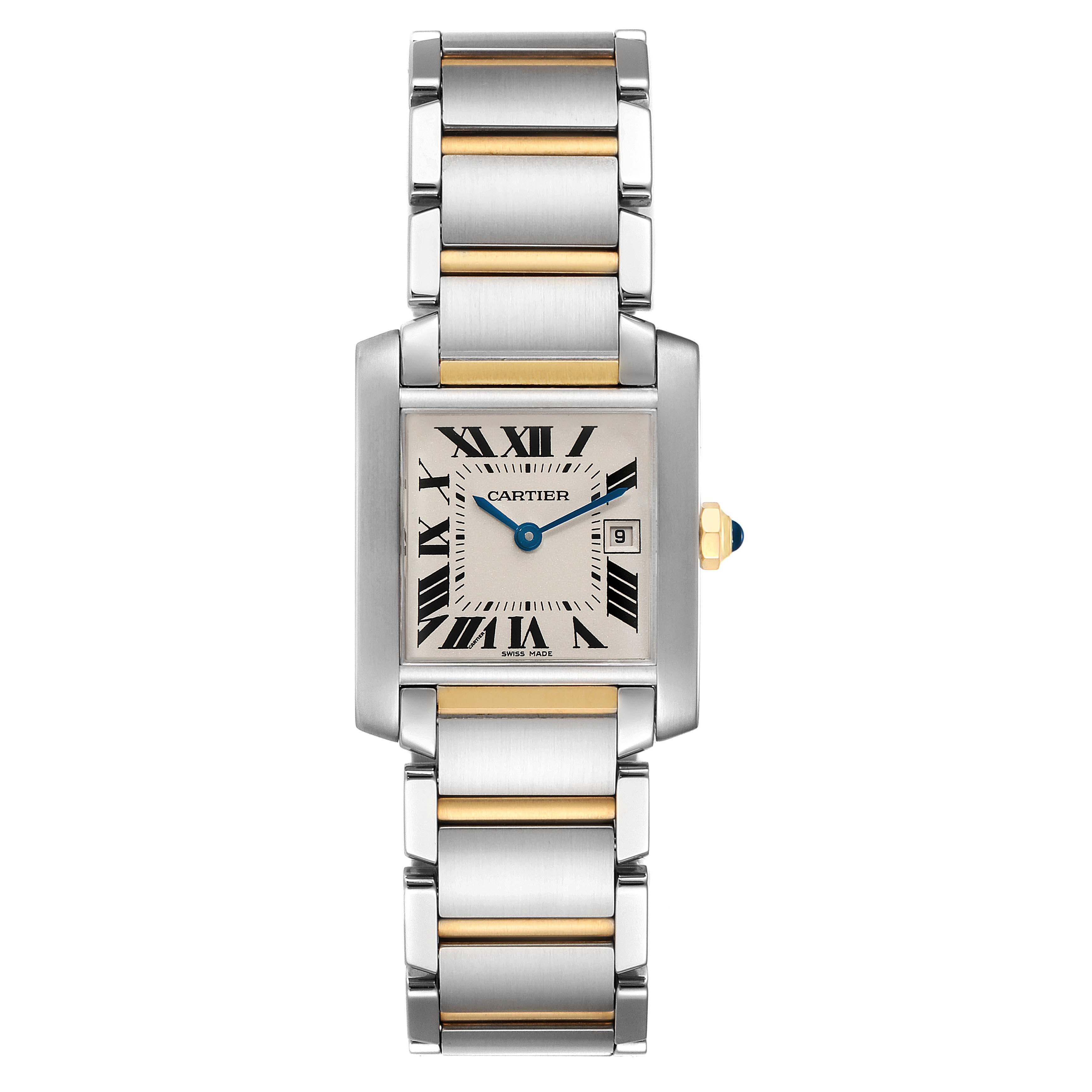The image shows a front view of the Cartier Tank Francaise W51012Q4 Women's Steel and Gold (two tone) Silver Dial W51012Q4 Women's Steel and Gold (two tone) Silver Dial watch, highlighting its face, bracelet, and crown.