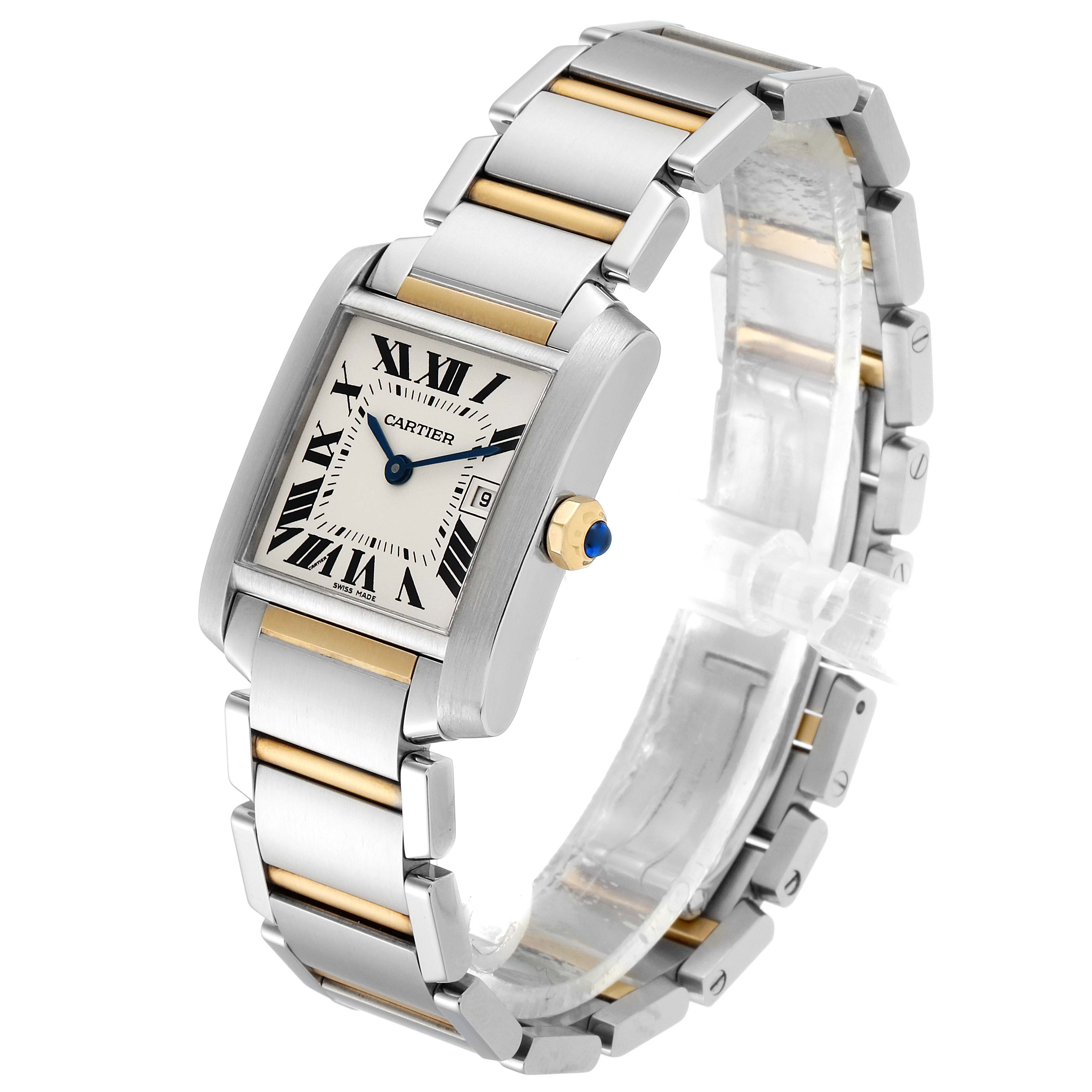 The image shows a Cartier Tank Francaise W51012Q4 Women's Steel and Gold (two tone) Silver Dial W51012Q4 Women's Steel and Gold (two tone) Silver Dial watch angled slightly to display the dial, case, crown, and the two-tone metal bracelet.