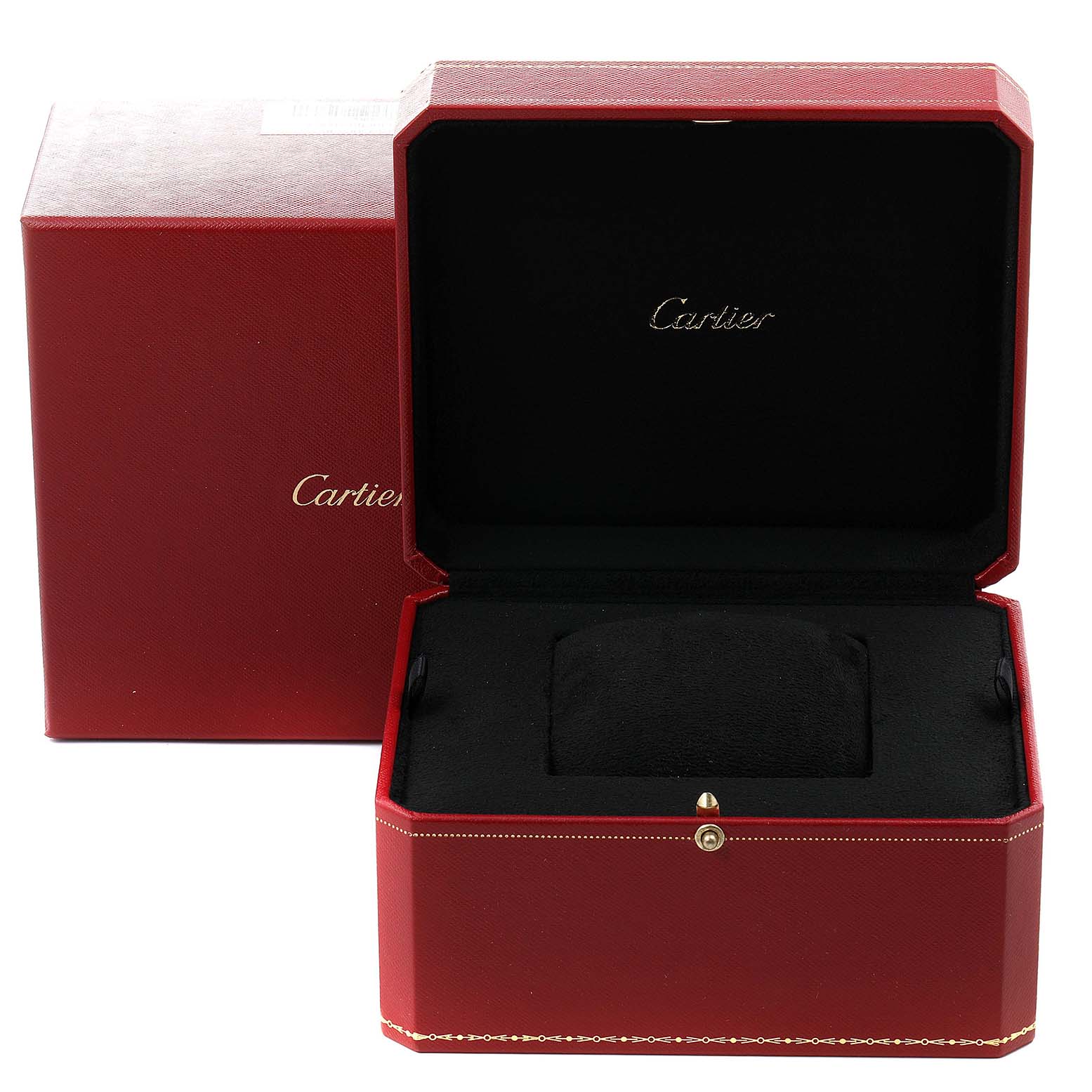The image shows an opened Cartier watch box for the Tank Française model, showcasing the storage space for the watch.