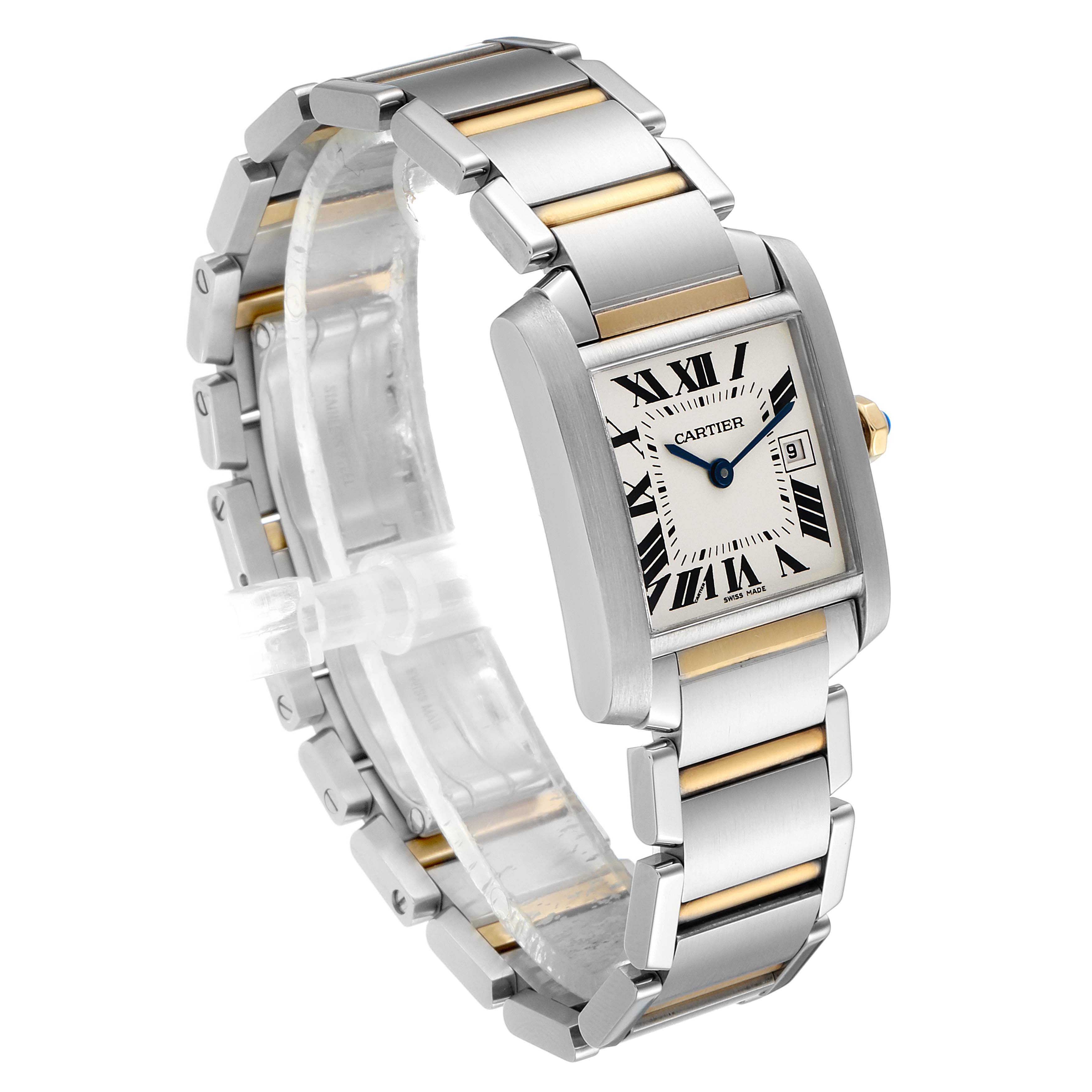 The Cartier Tank Francaise W51012Q4 Women's Steel and Gold (two tone) Silver Dial W51012Q4 Women's Steel and Gold (two tone) Silver Dial watch is shown at a three-quarter angle, displaying its rectangular dial and stainless steel-and-gold bracelet.