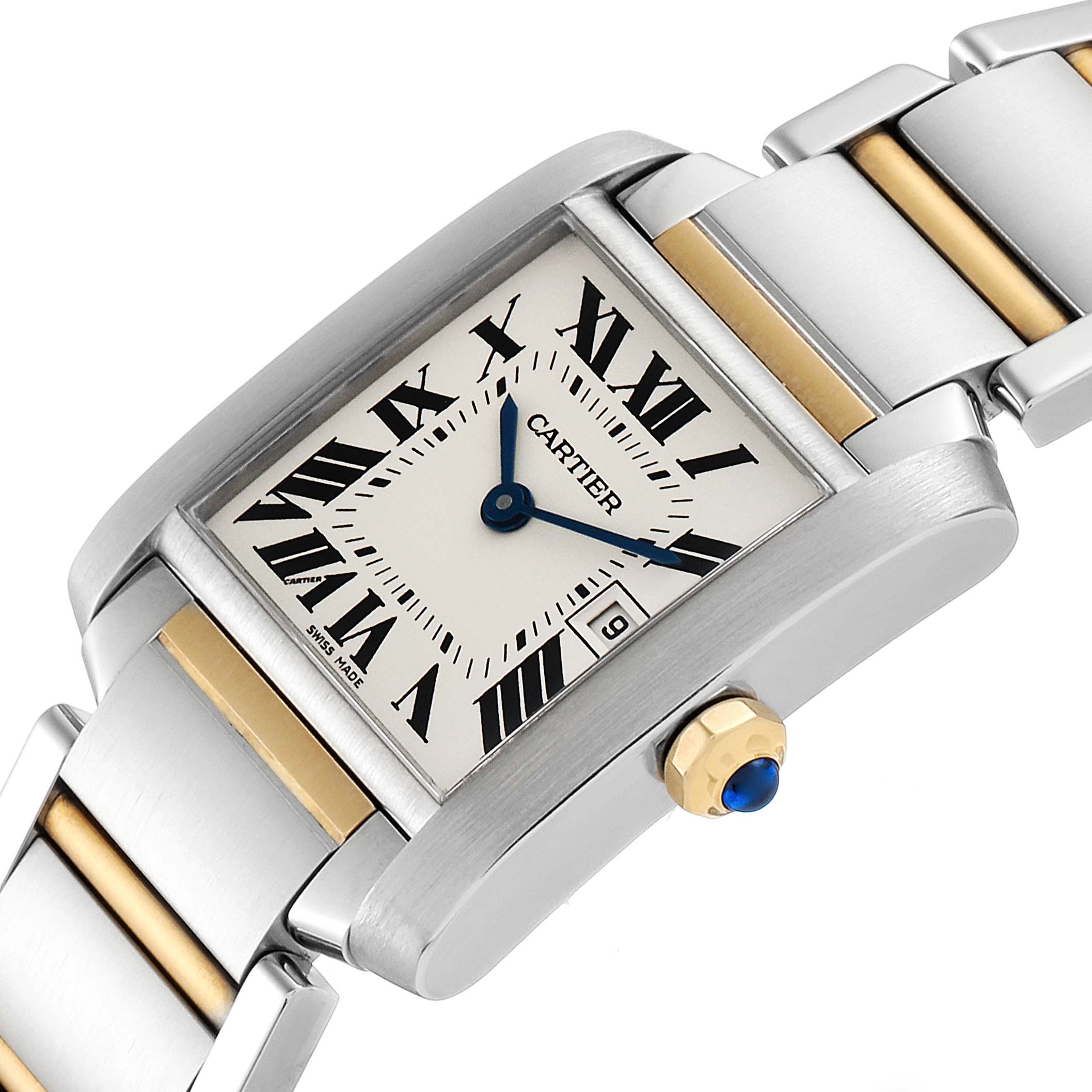 This image shows a close-up angle of the Cartier Tank Francaise W51012Q4 Women's Steel and Gold (two tone) Silver Dial W51012Q4 Women's Steel and Gold (two tone) Silver Dial watch, highlighting the dial, crown, and a portion of the metal bracelet.