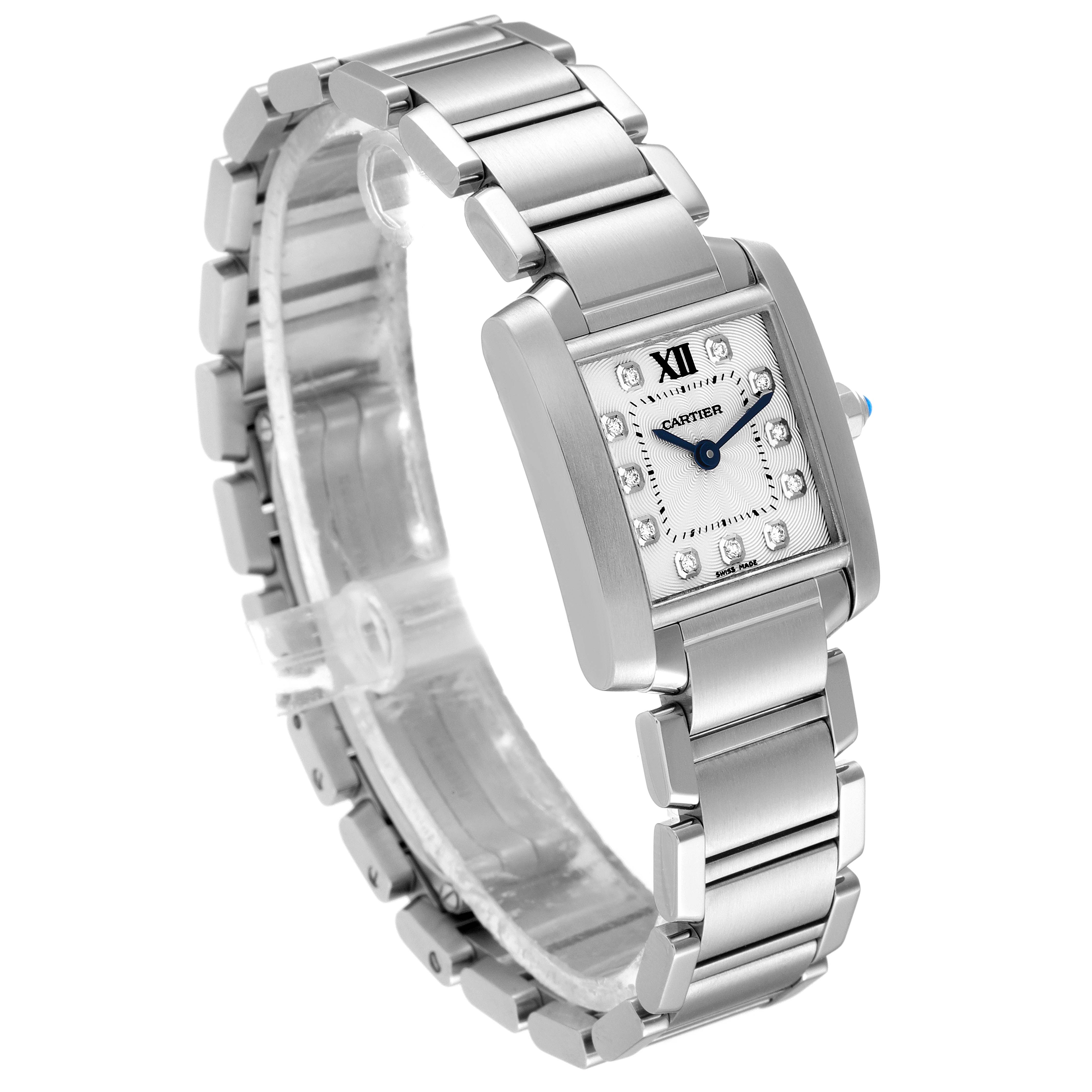 This image shows a Cartier Tank Francaise WE110006 Women's Stainless Steel Silver Dial WE110006 Women's Stainless Steel Silver Dial watch from an angled view, highlighting its face and metal bracelet.