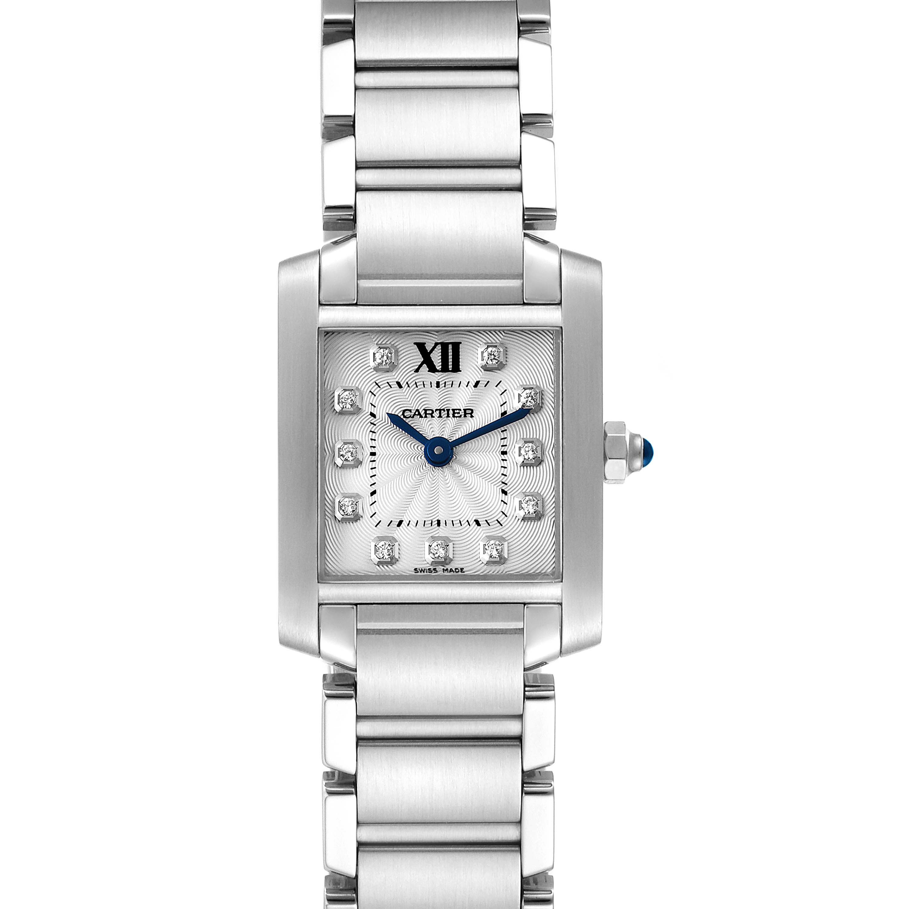This Cartier Tank Française watch is shown from a direct front angle, highlighting its face, bracelet, and blue-steel hands.