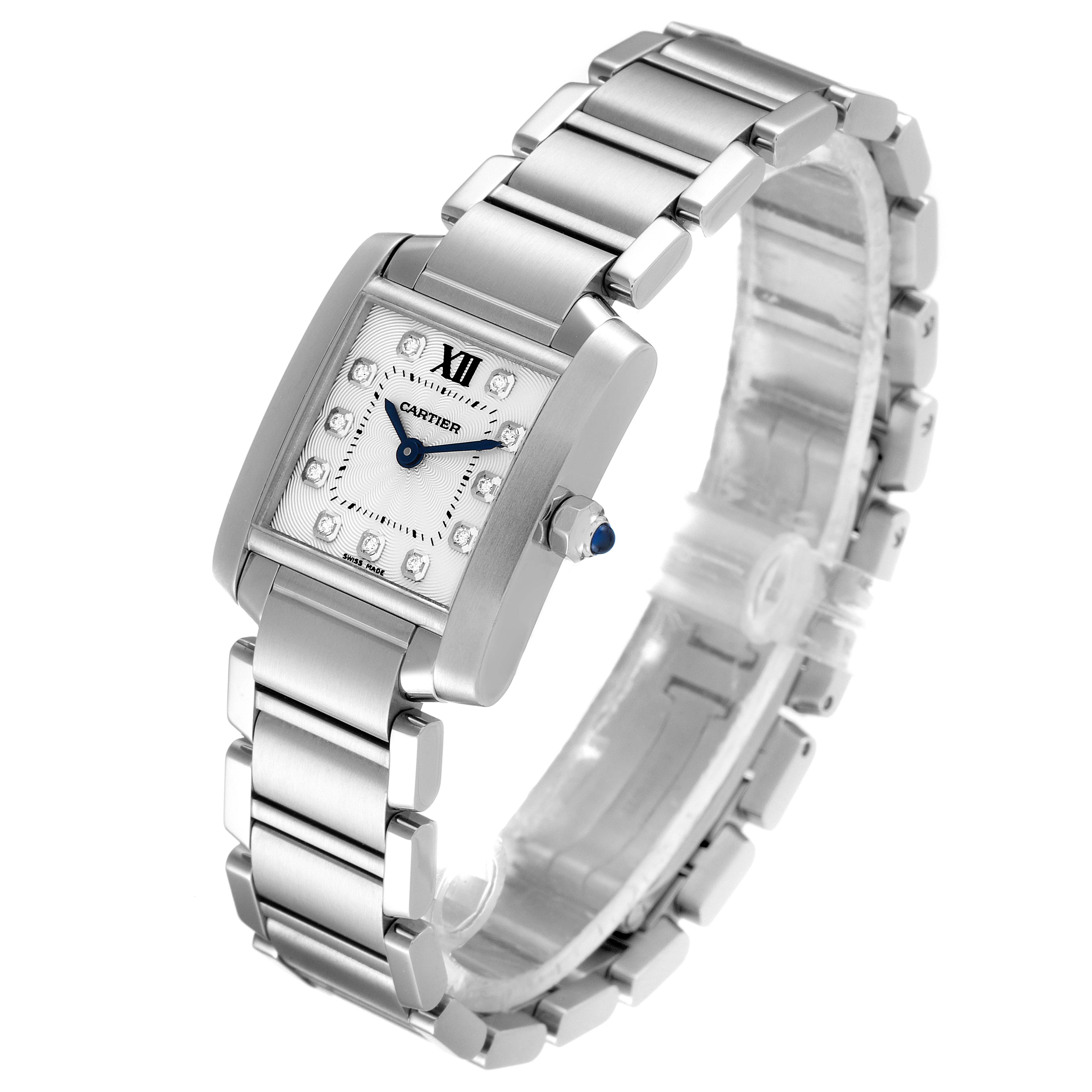 The image shows a Tank Francaise model by Cartier at a slight angle, highlighting its face, bracelet, and crown.