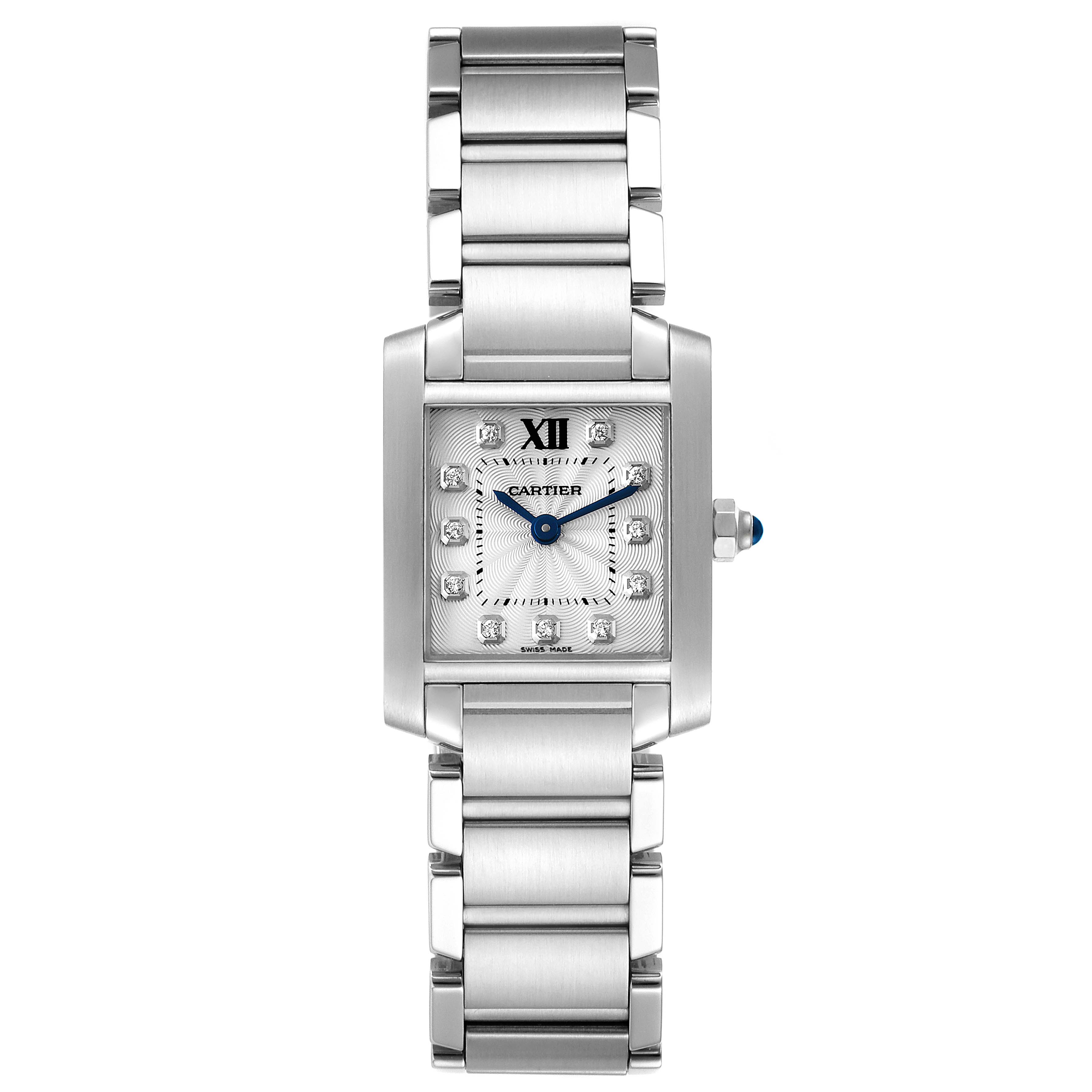 This image shows a Cartier Tank Francaise WE110006 Women's Stainless Steel Silver Dial WE110006 Women's Stainless Steel Silver Dial watch from a top-down angle, featuring the bracelet, bezel, and dial with Roman numeral and diamond markers.