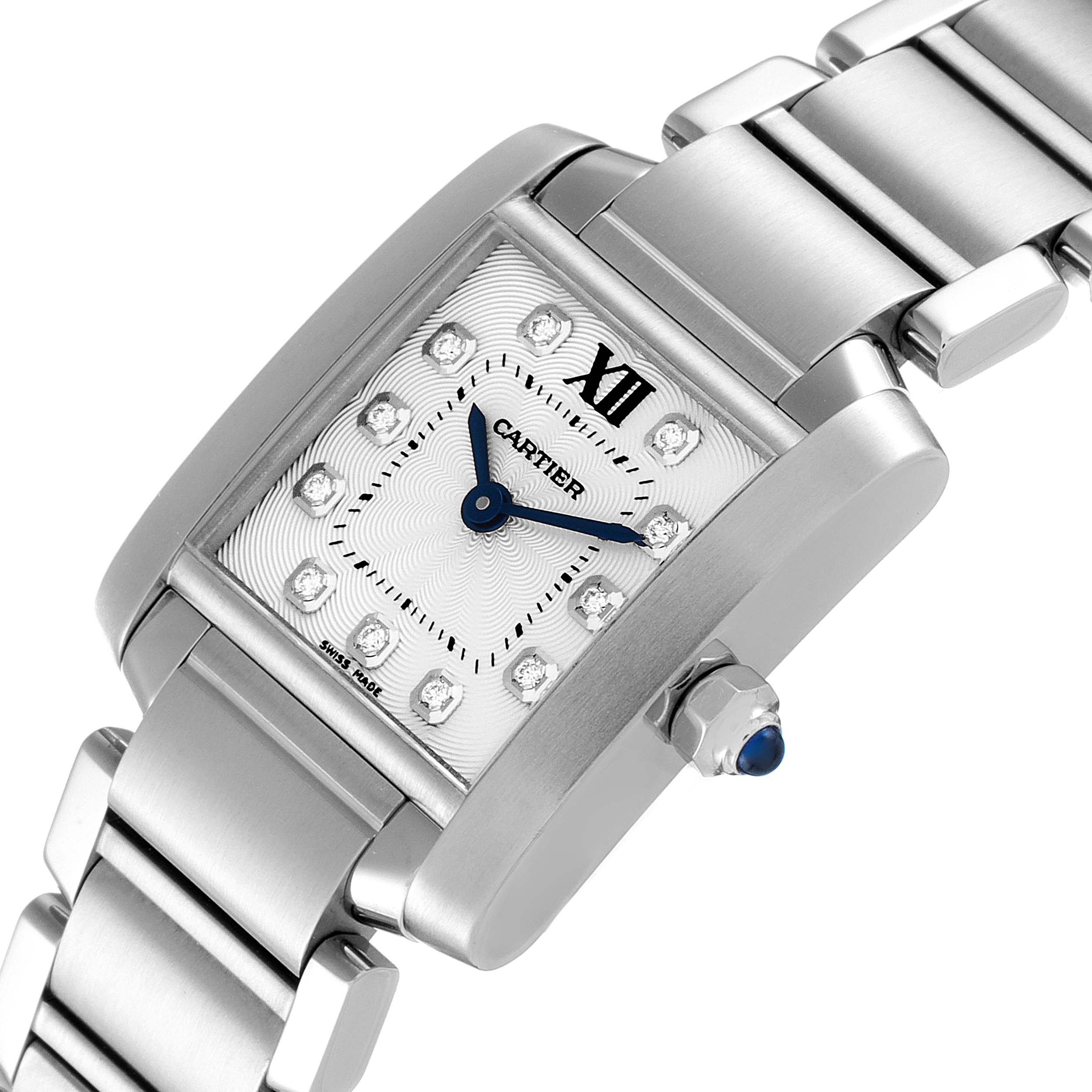This image shows a close-up, side angle of the Cartier Tank Francaise WE110006 Women's Stainless Steel Silver Dial WE110006 Women's Stainless Steel Silver Dial watch, displaying the dial, bracelet, and crown.