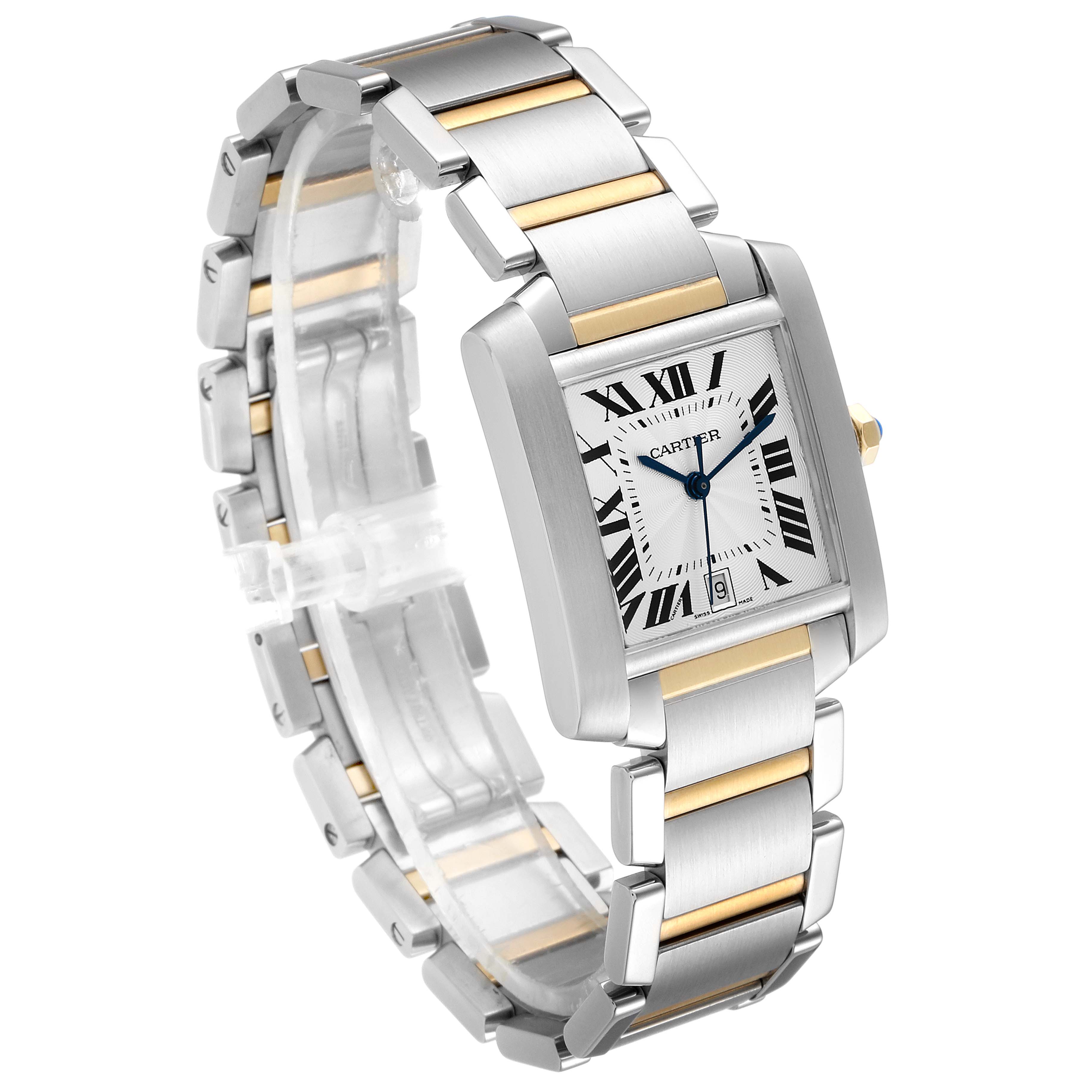 The Cartier W51005Q4 Men's Steel and Gold (two tone) Silver Dial W51005Q4 Men's Steel and Gold (two tone) Silver Dial Tank Francaise Steel Yellow Gold Large Unisex Watch W51005Q4 is shown at a three-quarter angle, displaying the bracelet and watch face.