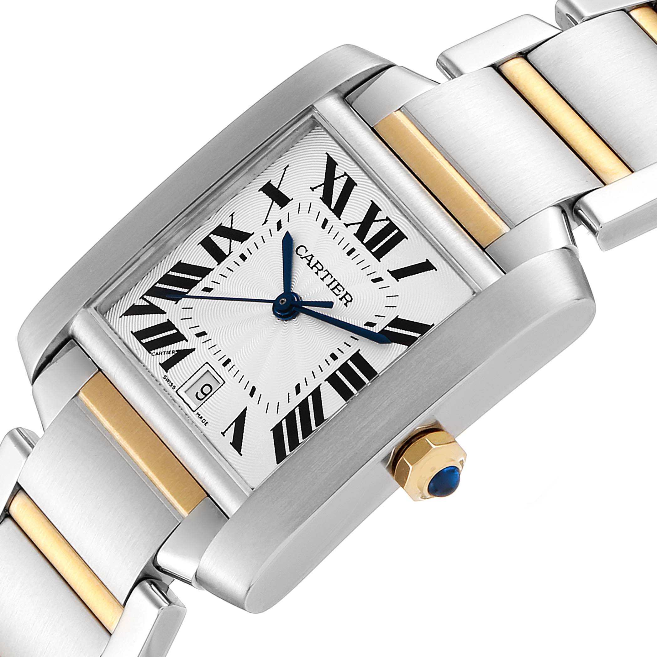 The image shows a side angle of the Cartier W51005Q4 Men's Steel and Gold (two tone) Silver Dial W51005Q4 Men's Steel and Gold (two tone) Silver Dial Tank Francaise Steel Yellow Gold Large Unisex Watch W51005Q4, highlighting the face, bracelet, and crown.