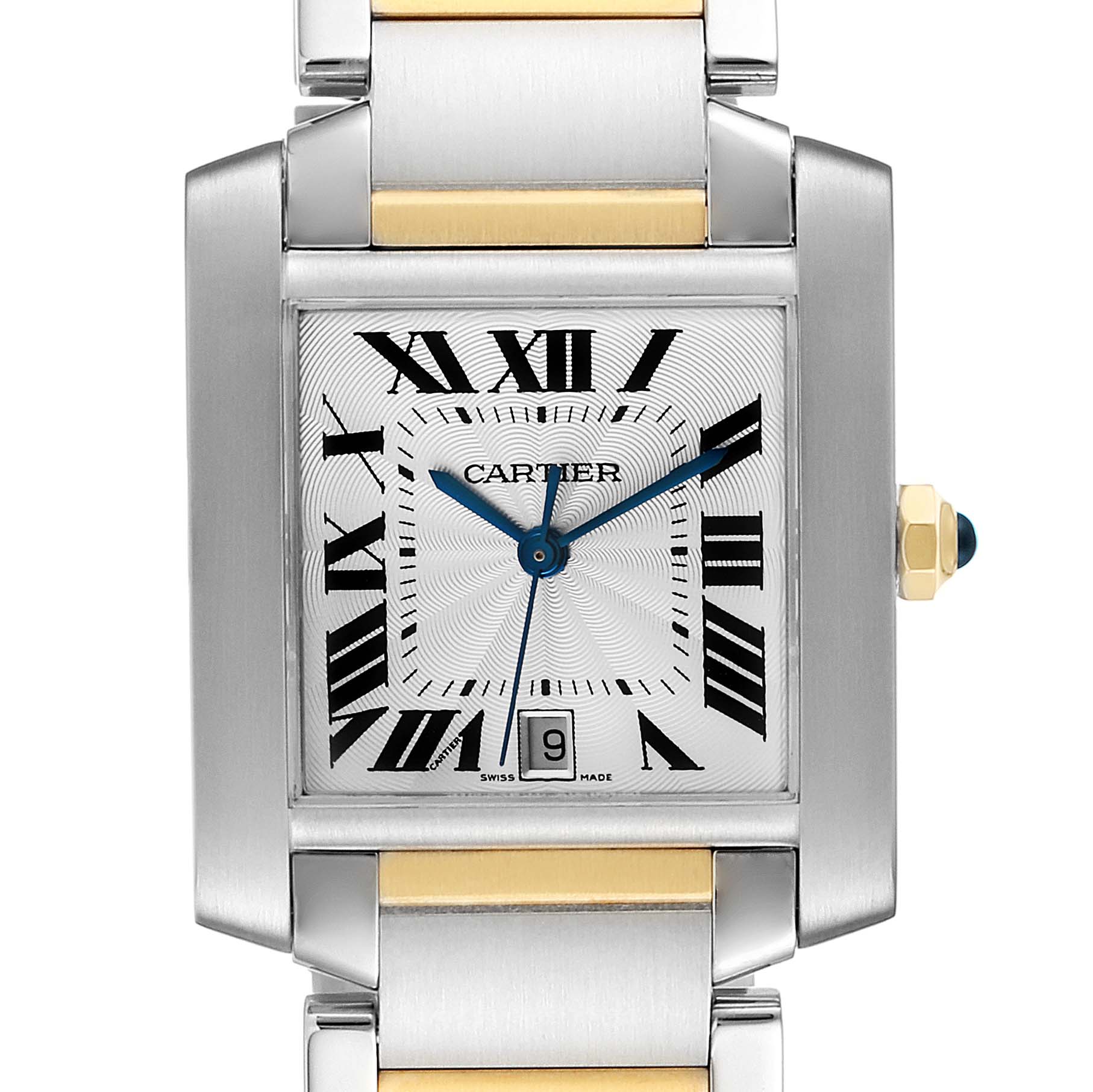The image shows a front view of the face and part of the bracelet of the Cartier W51005Q4 Men's Steel and Gold (two tone) Silver Dial W51005Q4 Men's Steel and Gold (two tone) Silver Dial Tank Francaise Steel Yellow Gold Large Unisex Watch W51005Q4.