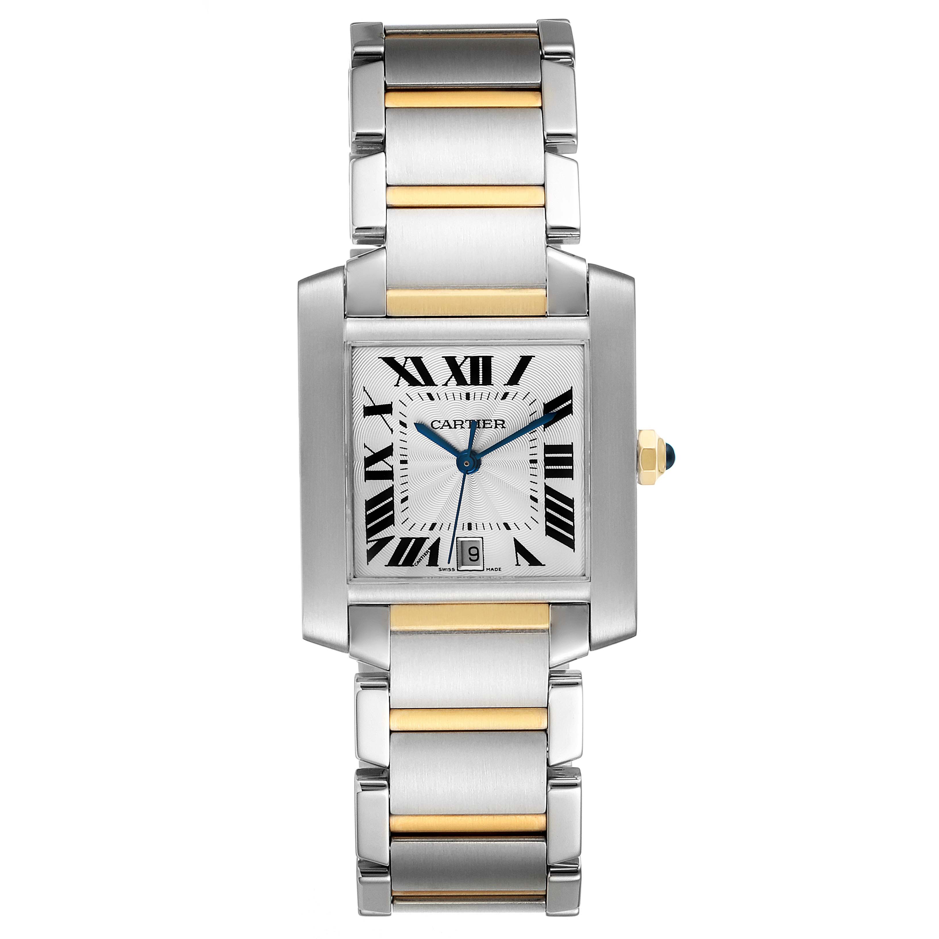 The Cartier W51005Q4 Men's Steel and Gold (two tone) Silver Dial W51005Q4 Men's Steel and Gold (two tone) Silver Dial Tank Francaise Steel Yellow Gold Large Unisex Watch W51005Q4 is shown from a front angle, displaying the face and bracelet.