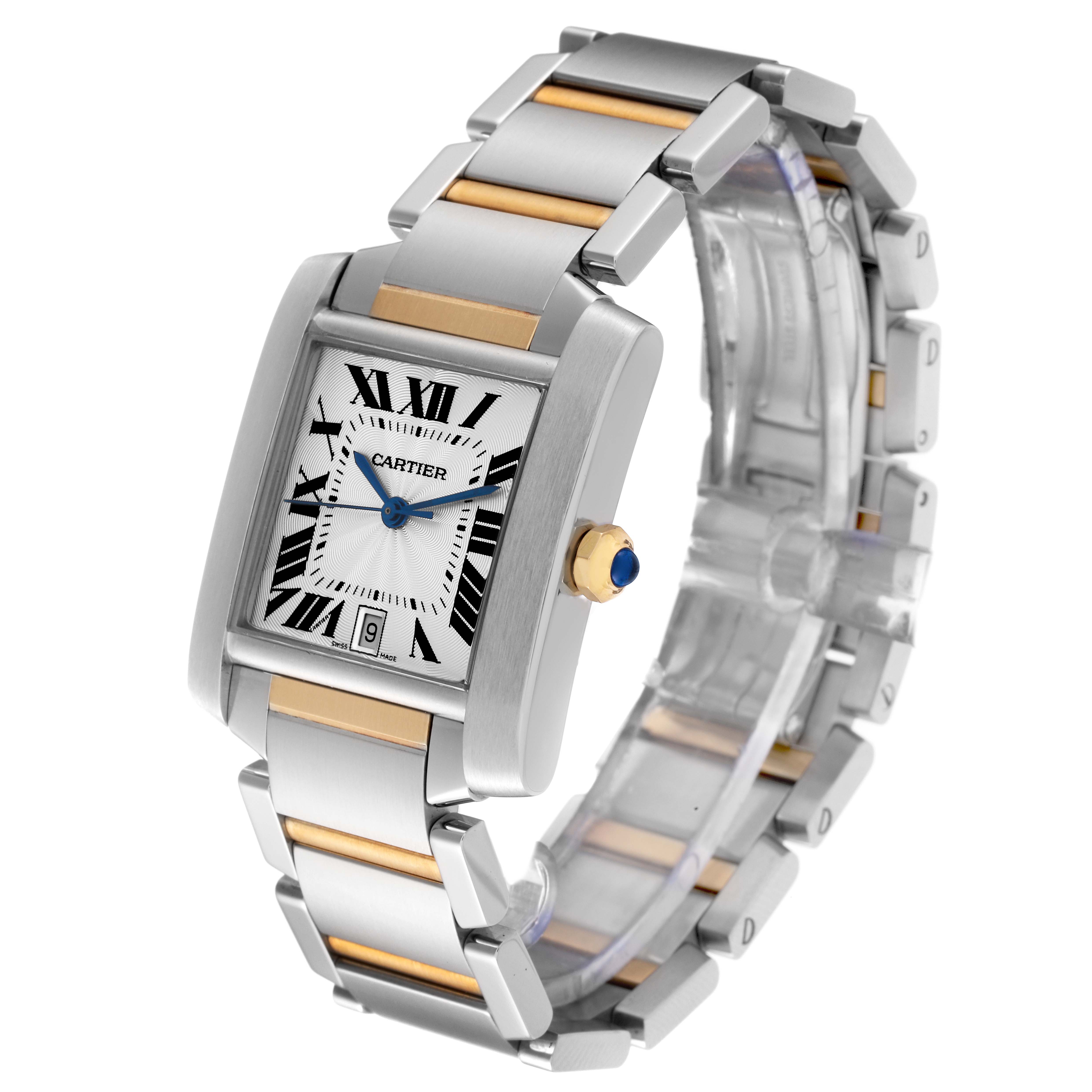 The Cartier Tank Francaise W51005Q4 Men's Steel and Gold (two tone) Silver Dial W51005Q4 Men's Steel and Gold (two tone) Silver Dial watch is shown at a three-quarter angle, highlighting its face, bracelet, and crown.